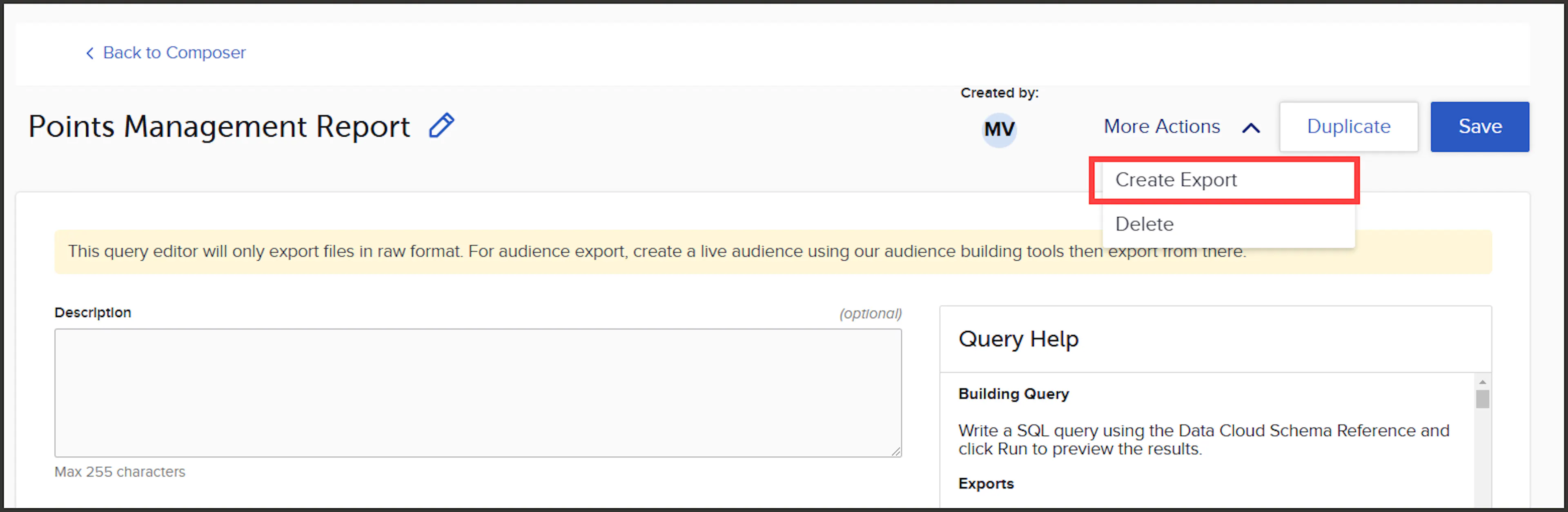 Create Export option under the More Actions dropdown
