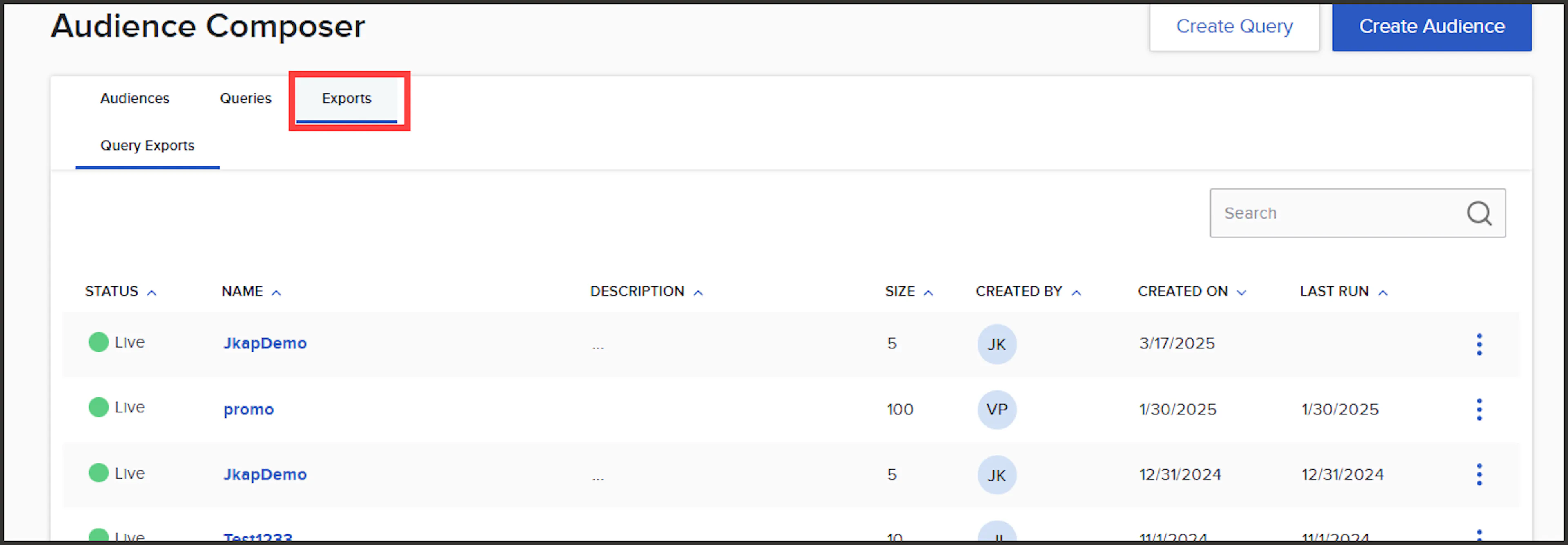 Exports tab of the Audience Composer dashboard showing export status