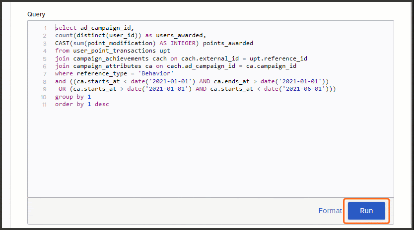 Run button at the bottom of the Query box