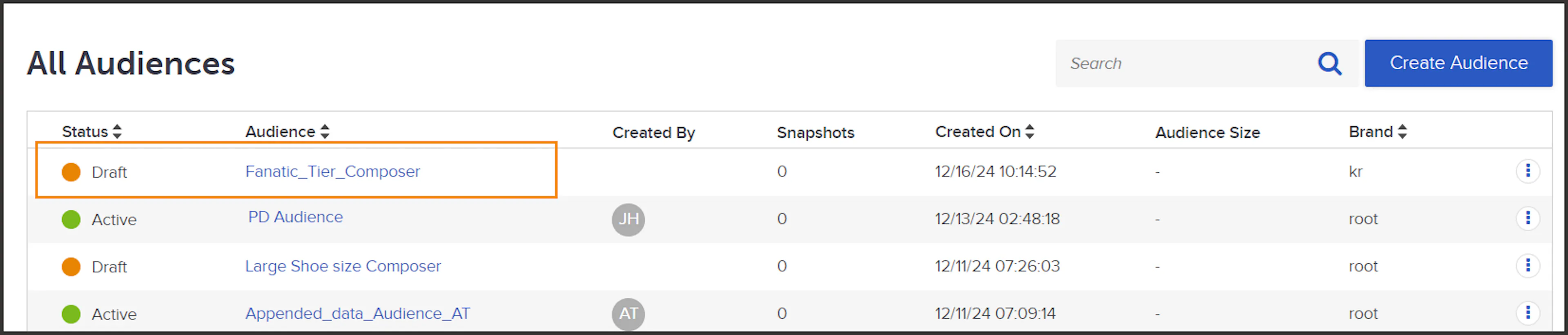 Audiences module showing the Composer audience in draft mode