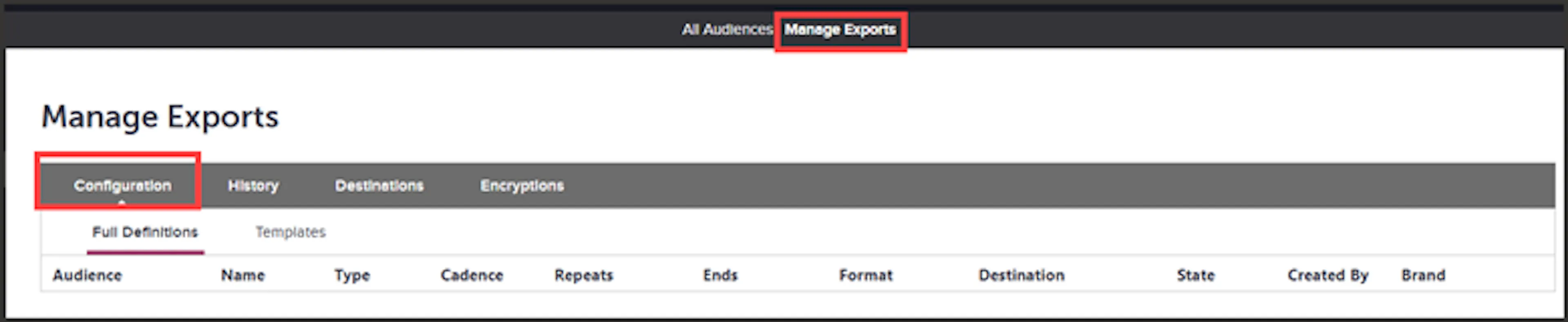 Configuration tab on the Manage Exports page showing the Full Definitions sub-tab