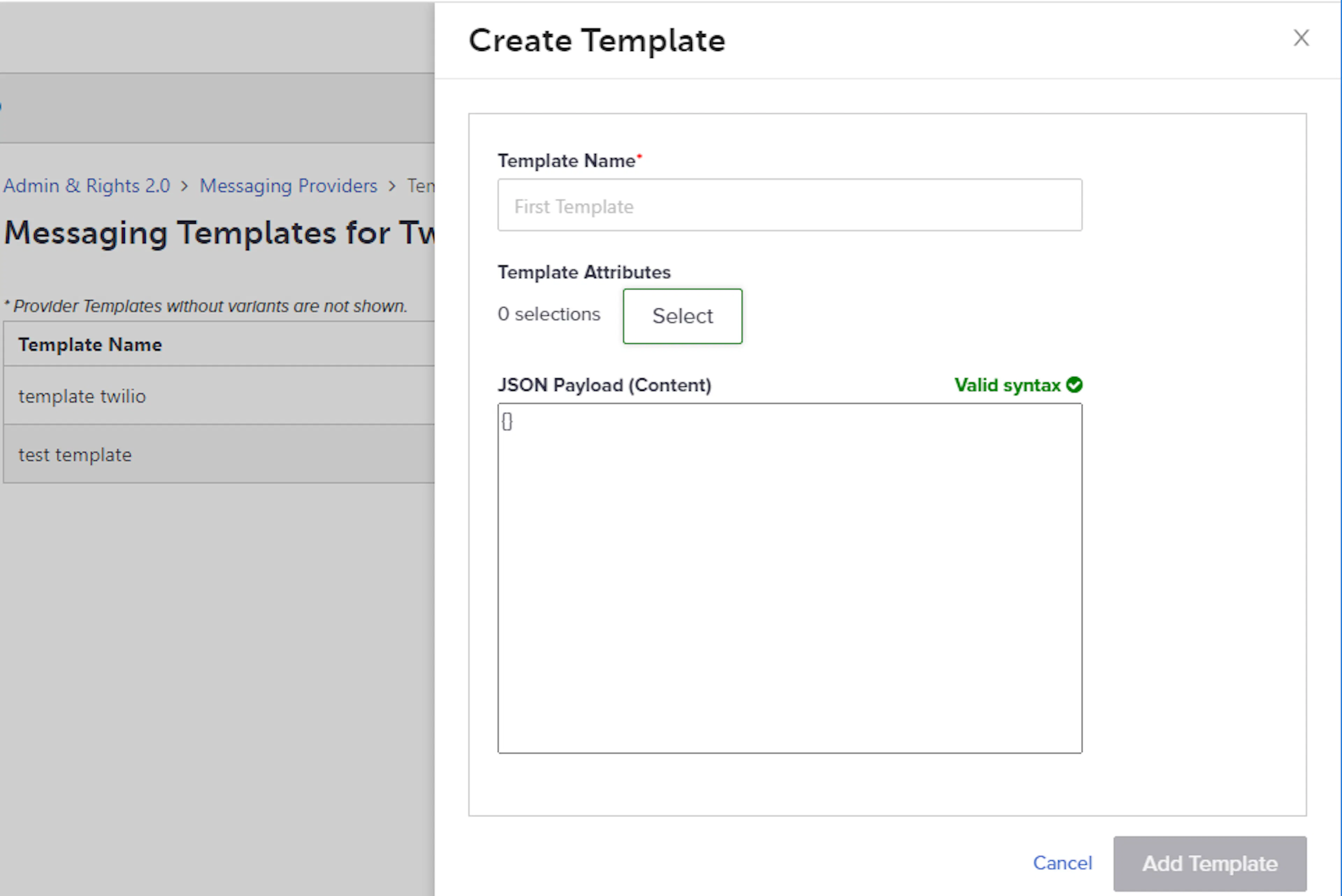 Create Template window for a messaging provider