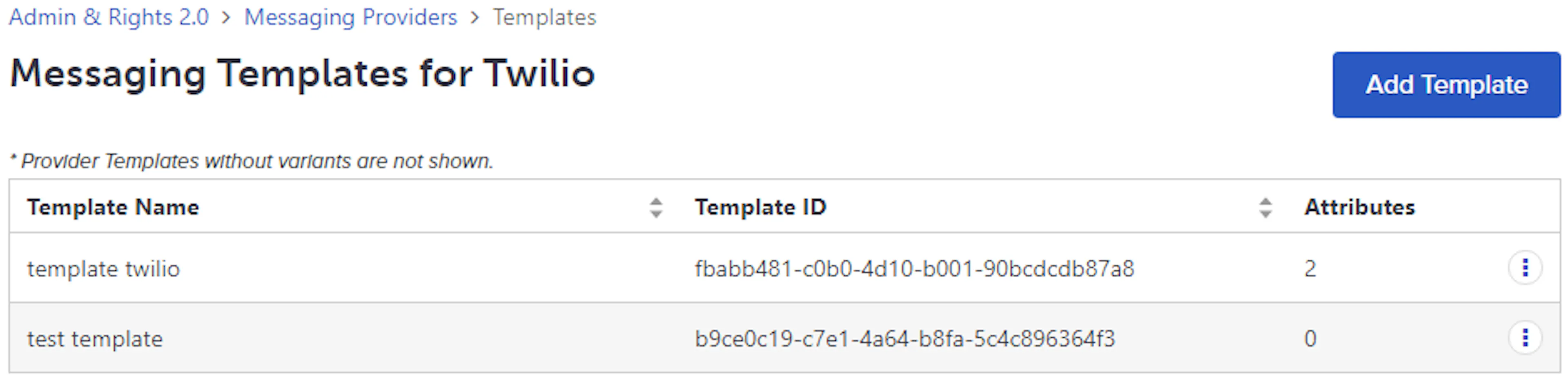 Messaging Templates table for a Twilio message provider