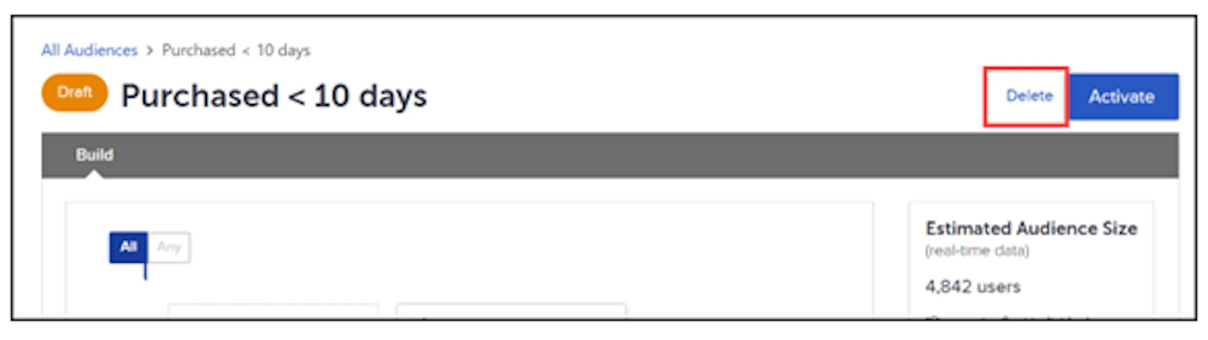Delete button in the upper right-hand corner of an audience page