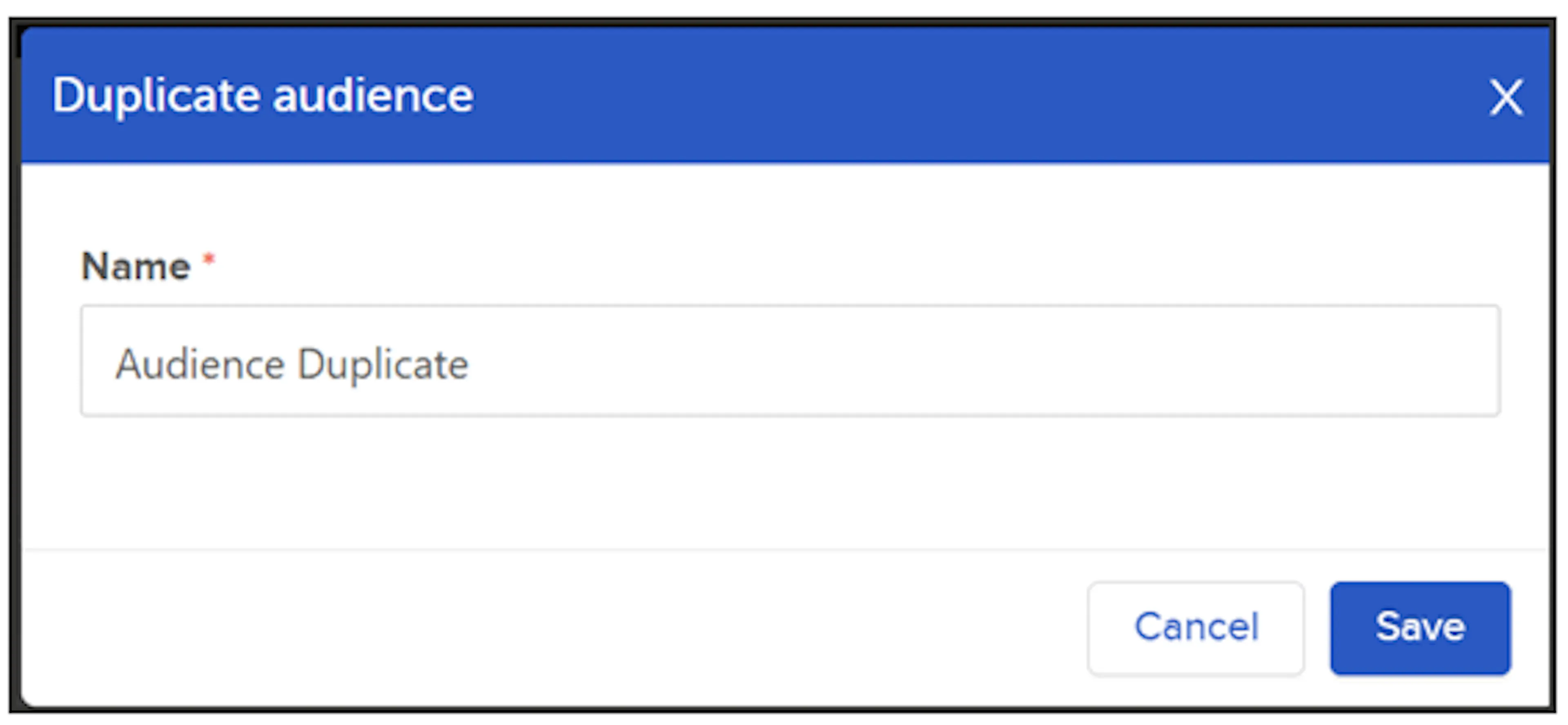 Duplicate Audience dialog showing the default name for the duplicate