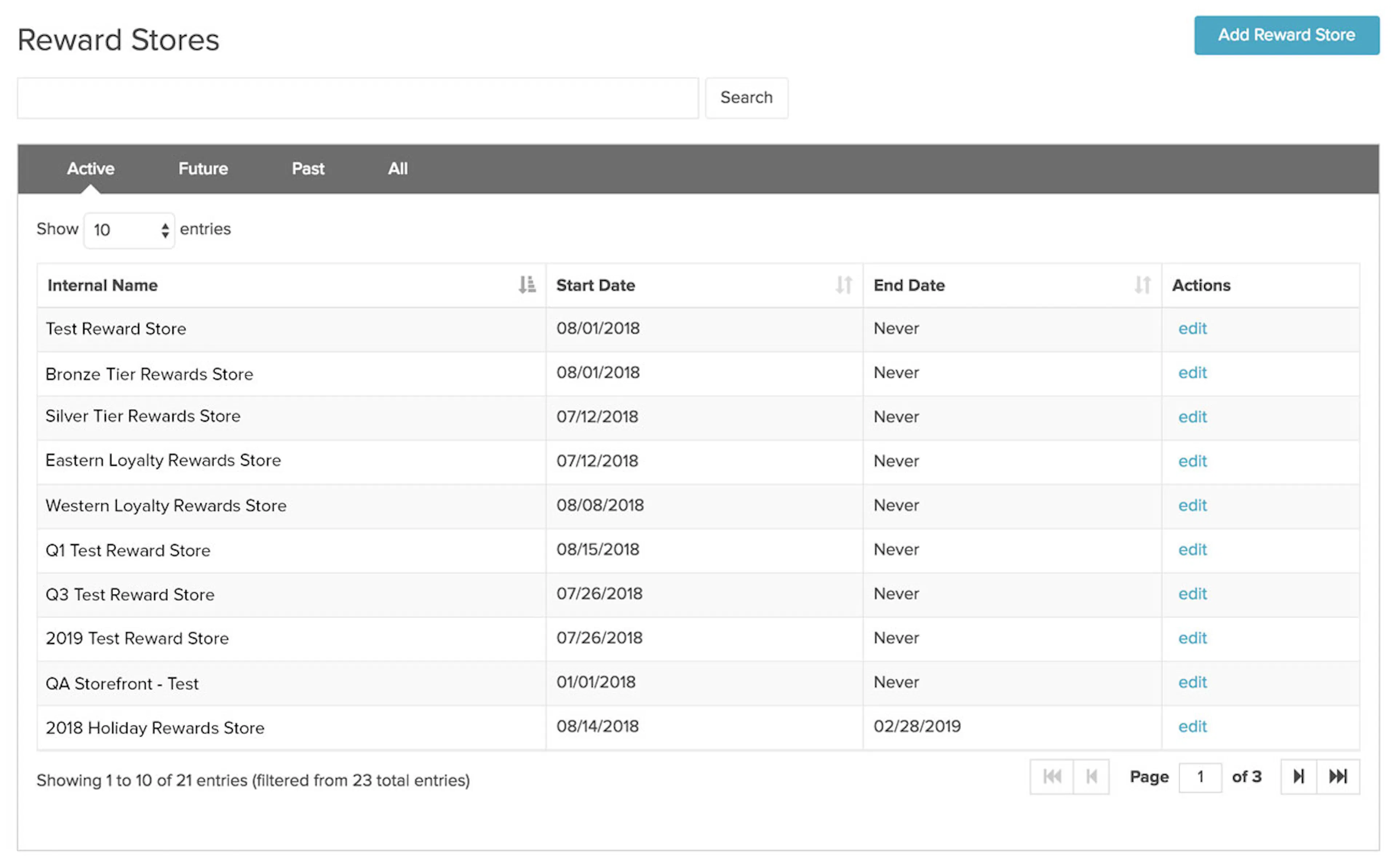 Reward Store dashboard with tabs filtering stores by status