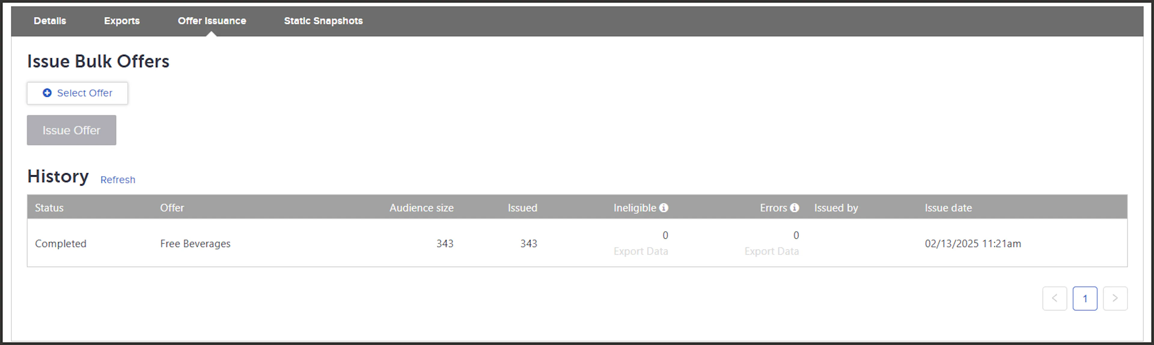 Offer Issuance tab showing bulk offers issued to an audience