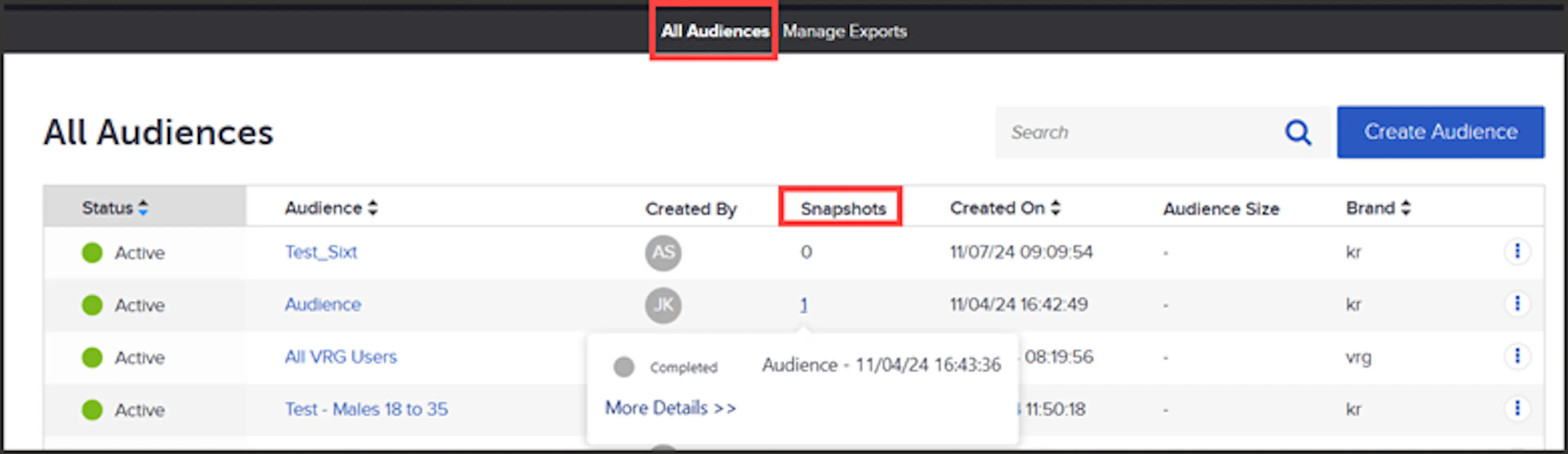 Snapshots column summary window with a More Details link