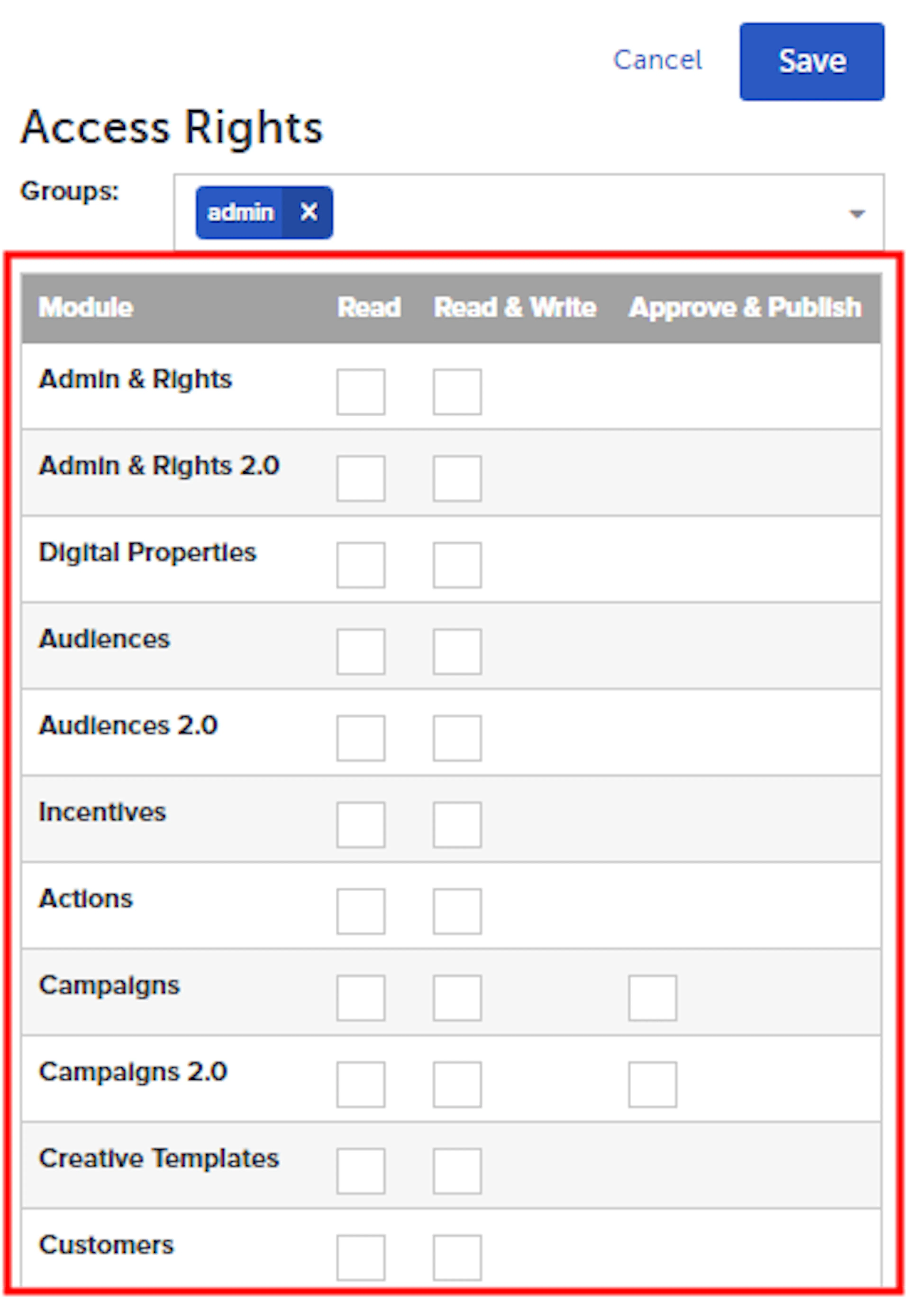 Access Rights table showing modules and permission levels