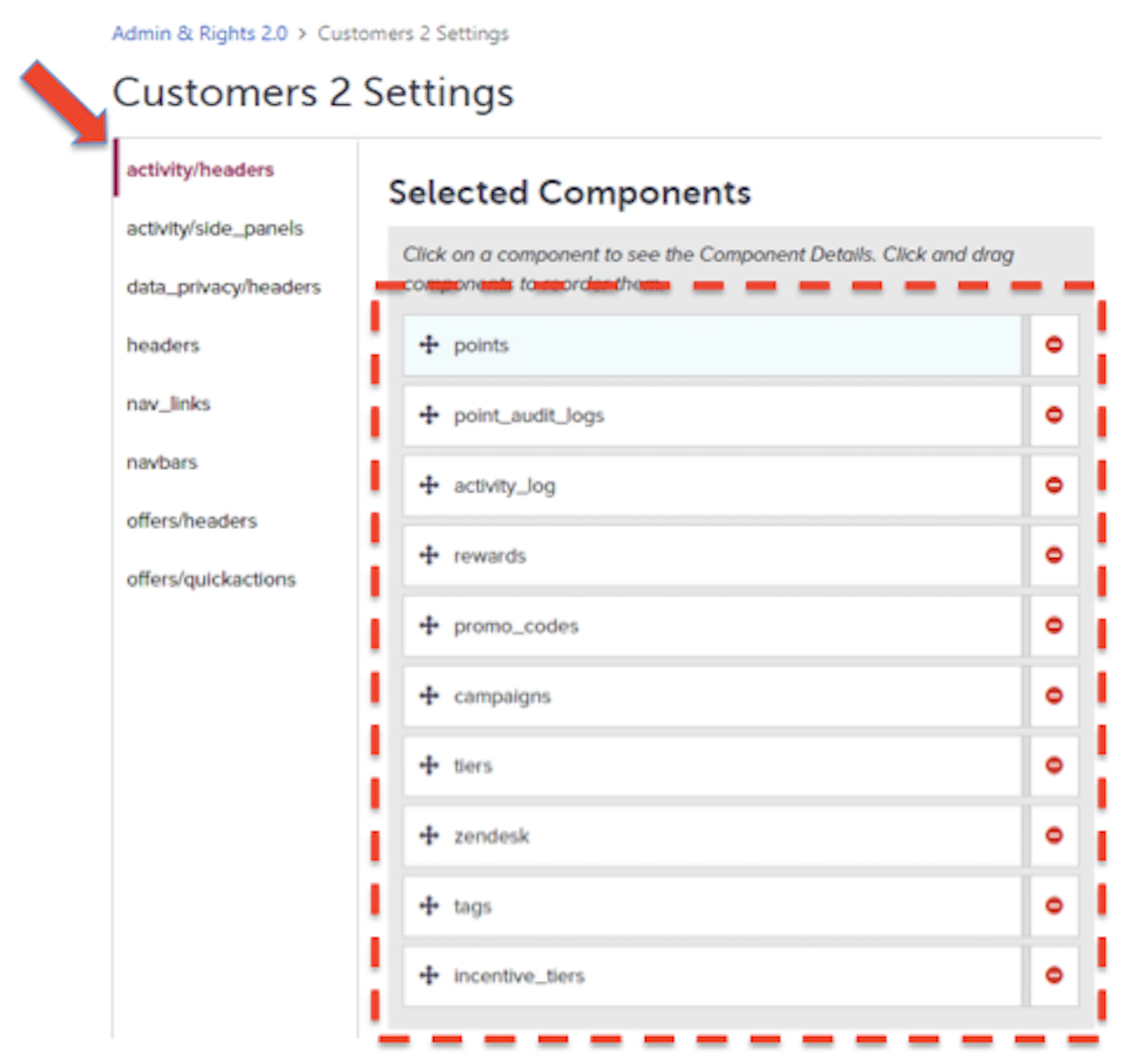 activity/headers components and their sequence in Customers 2 Settings