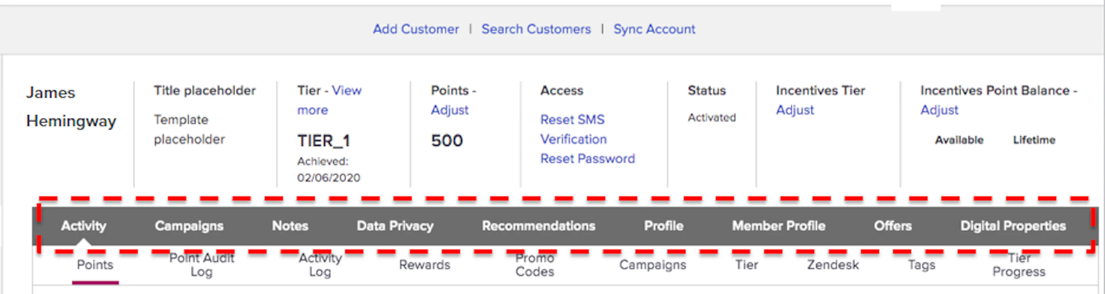 Primary navigation bar as displayed in the Customers Module