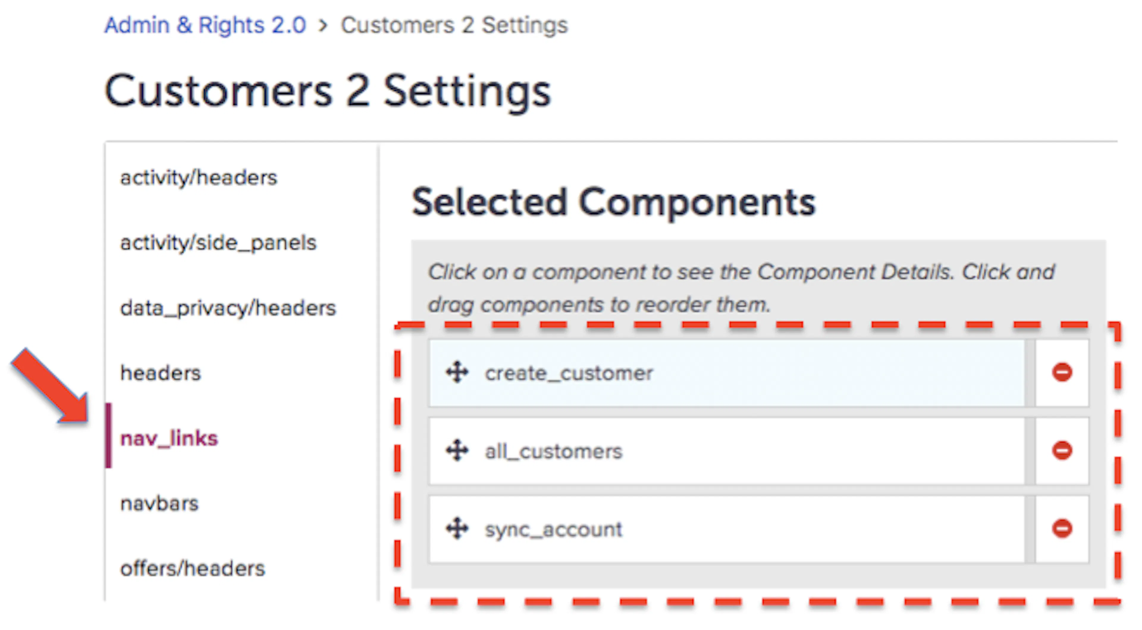nav_links components and their sequence in Customers 2 Settings