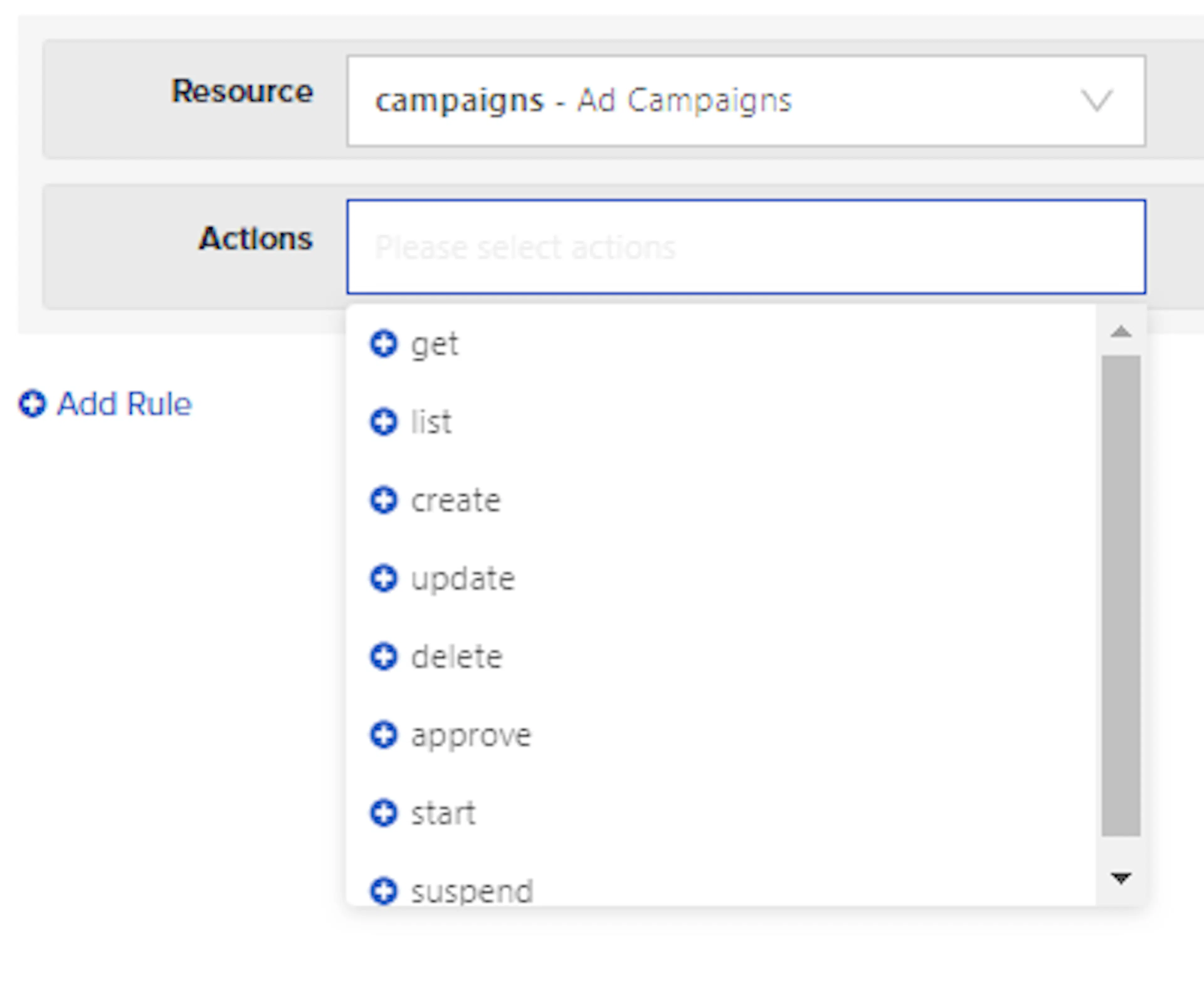 Actions field showing the actions assignable to the active resource