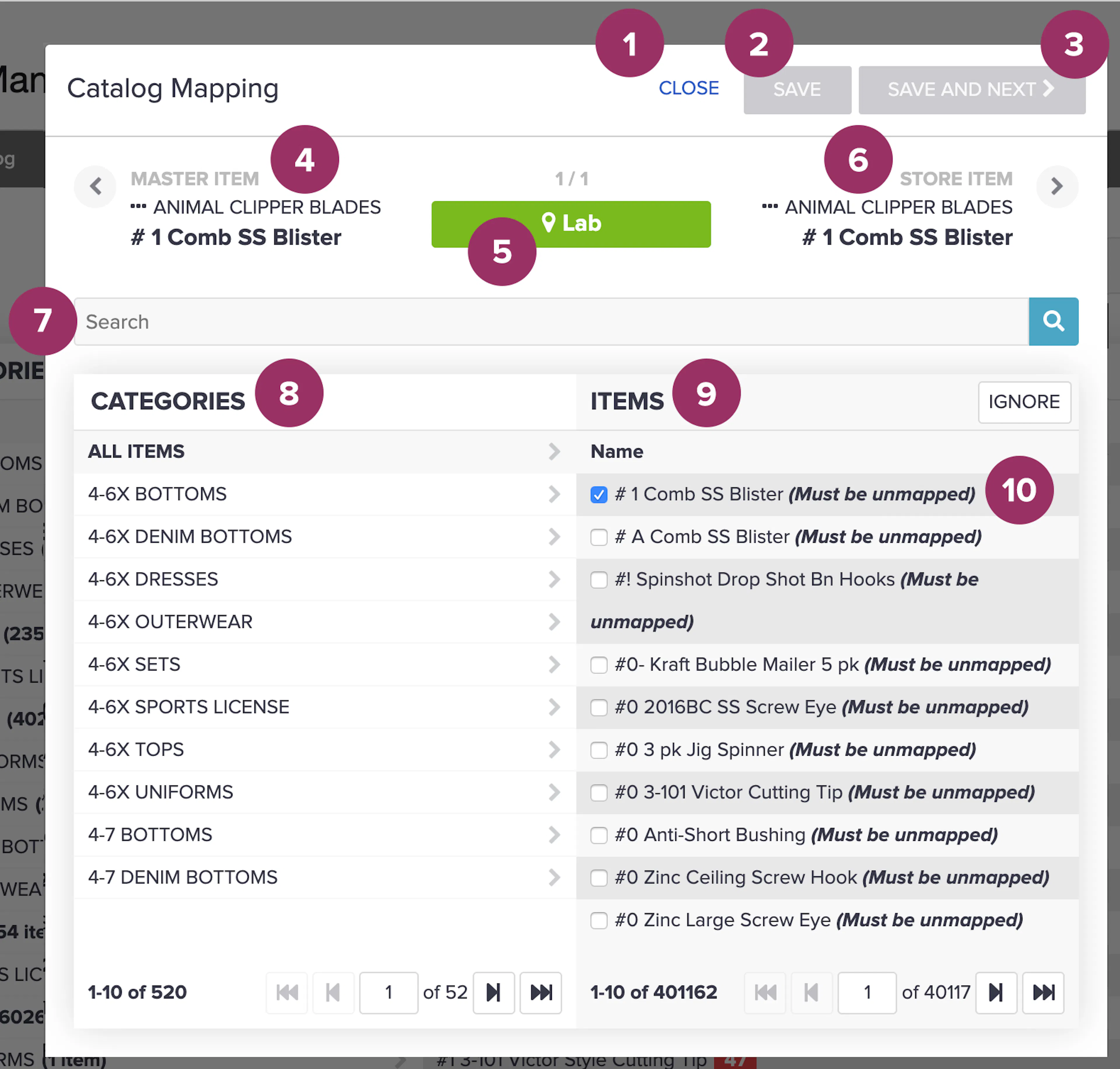 Catalog Mapping modal with numbered UI components