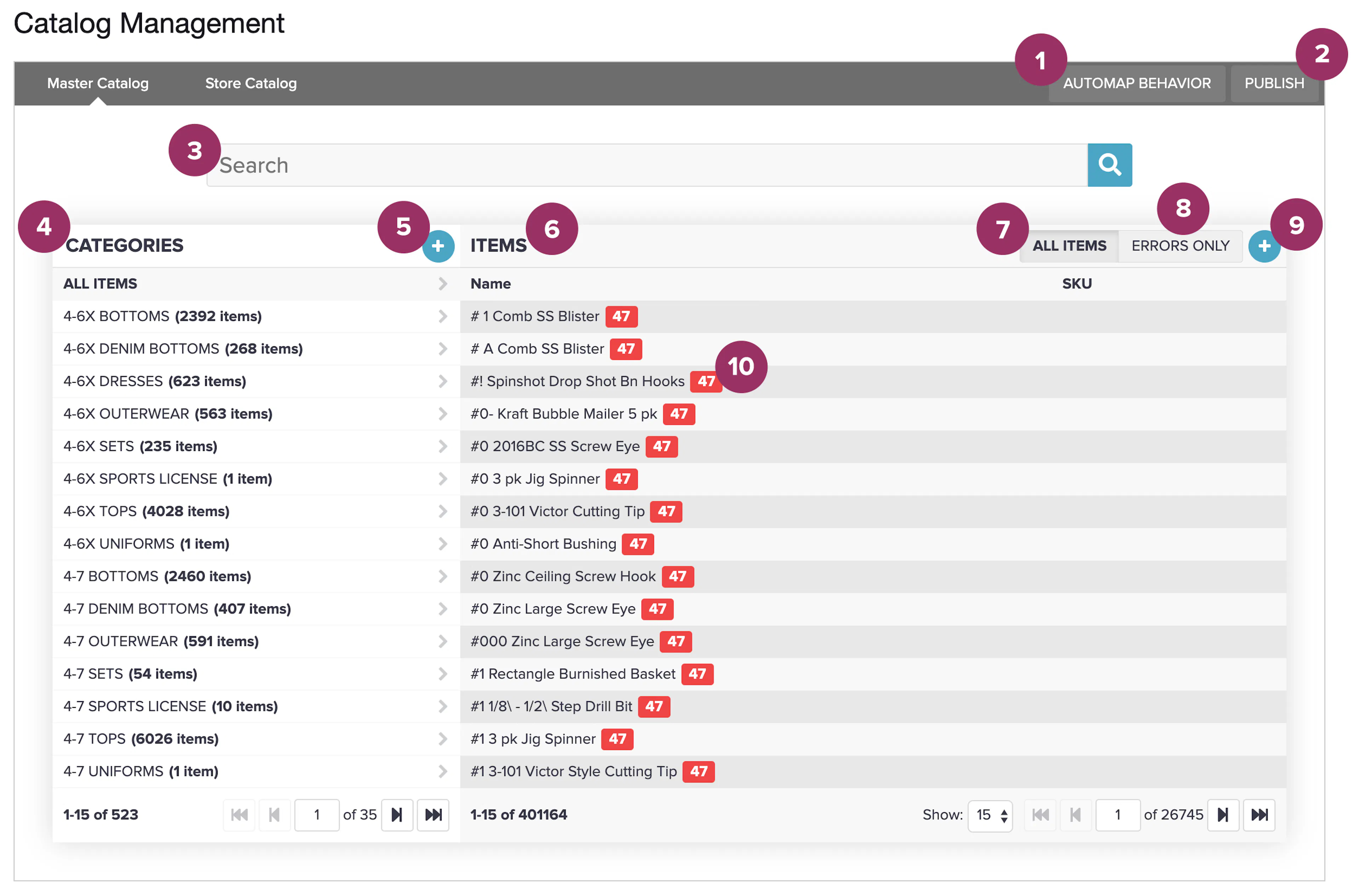 Master Catalog tab with numbered UI components