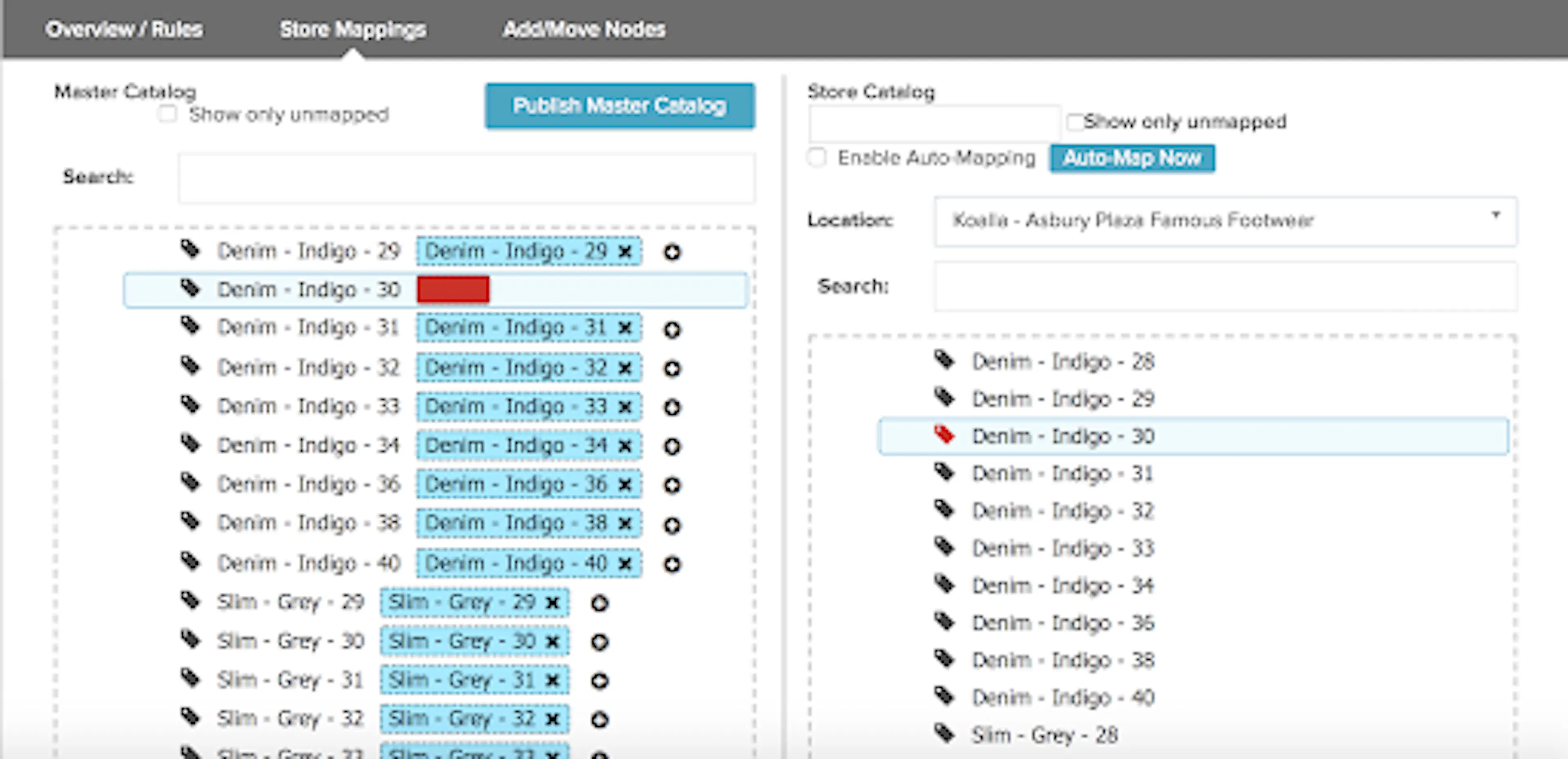 Catalog Management UI showing mapping validation indicators