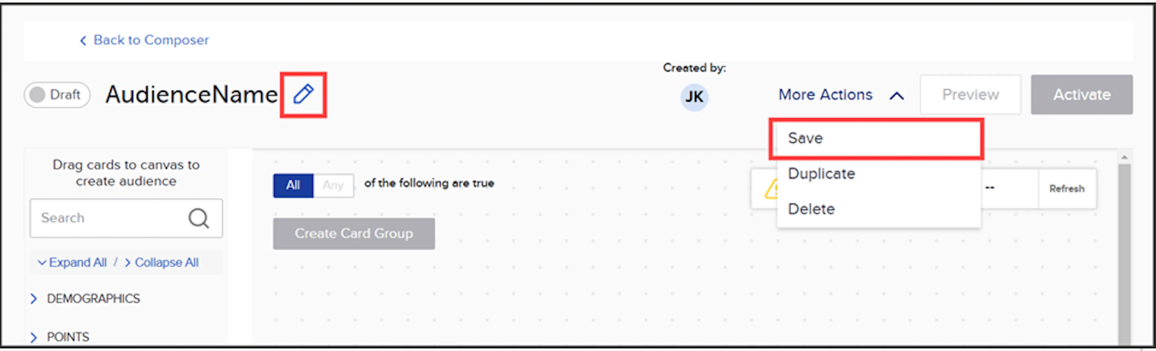 Pencil icon for renaming the audience at the top of the Audience Builder page