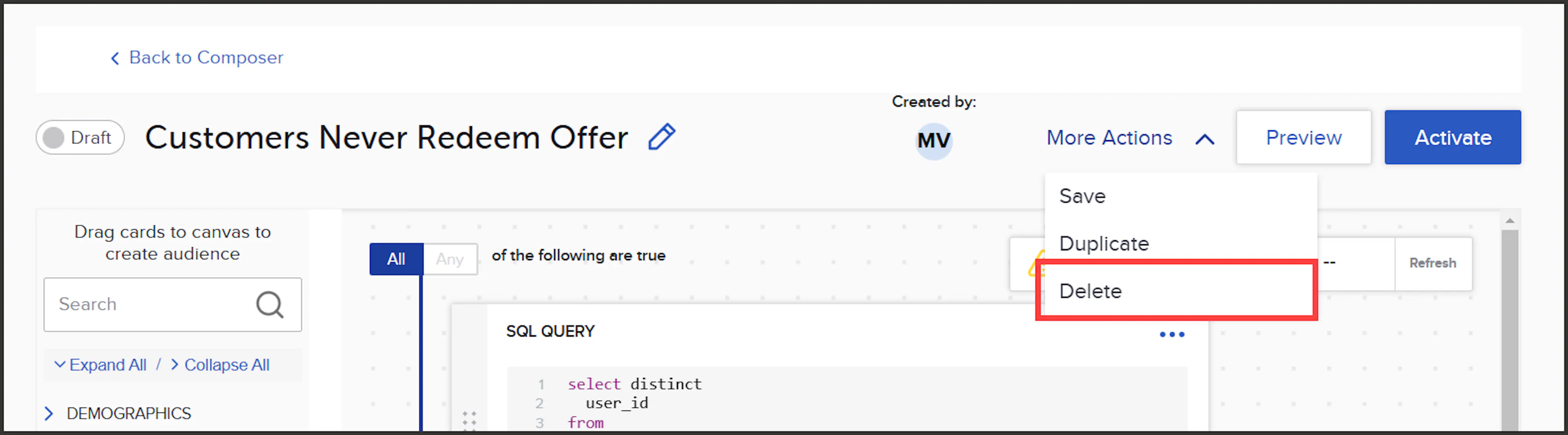 Delete button in the upper right-hand corner of the Audience builder page