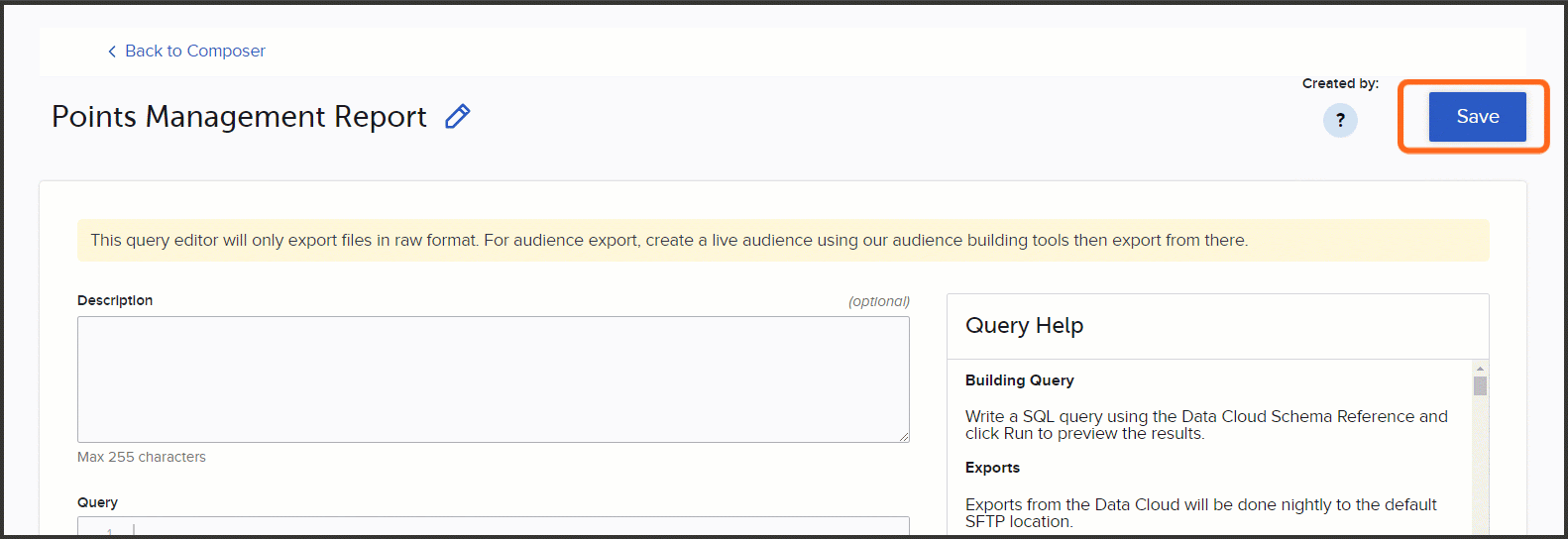 Save button in the upper right corner of the Query Editor