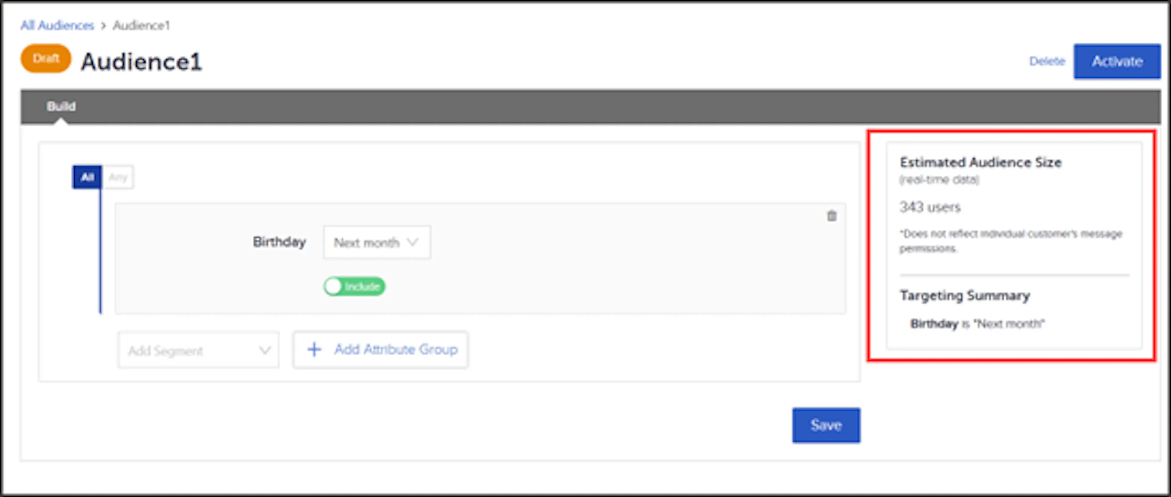 Audience Builder page showing the Targeting Summary and estimated audience size