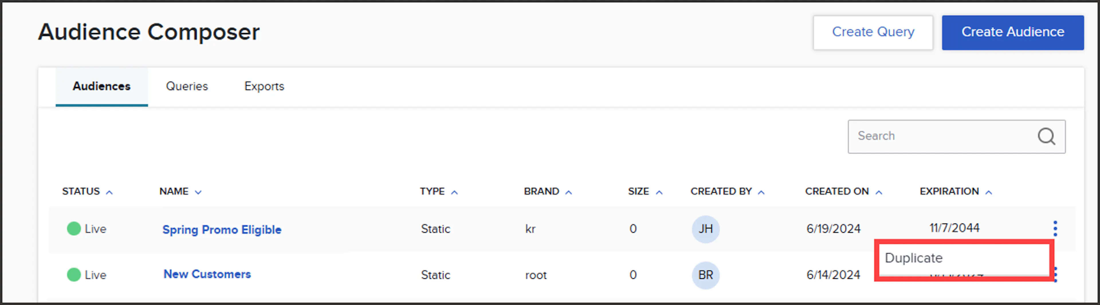 Quick action menu on a Composer audience row with Duplicate selected