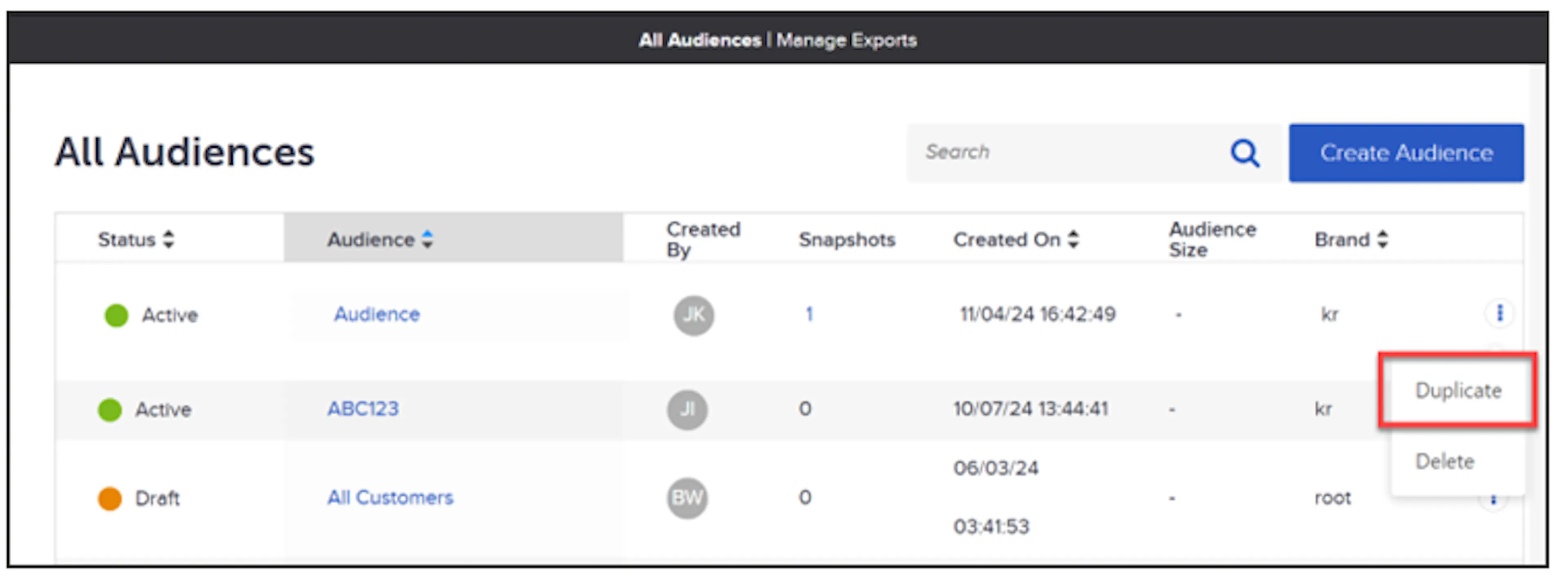 Quick action menu on an audience row with Duplicate selected