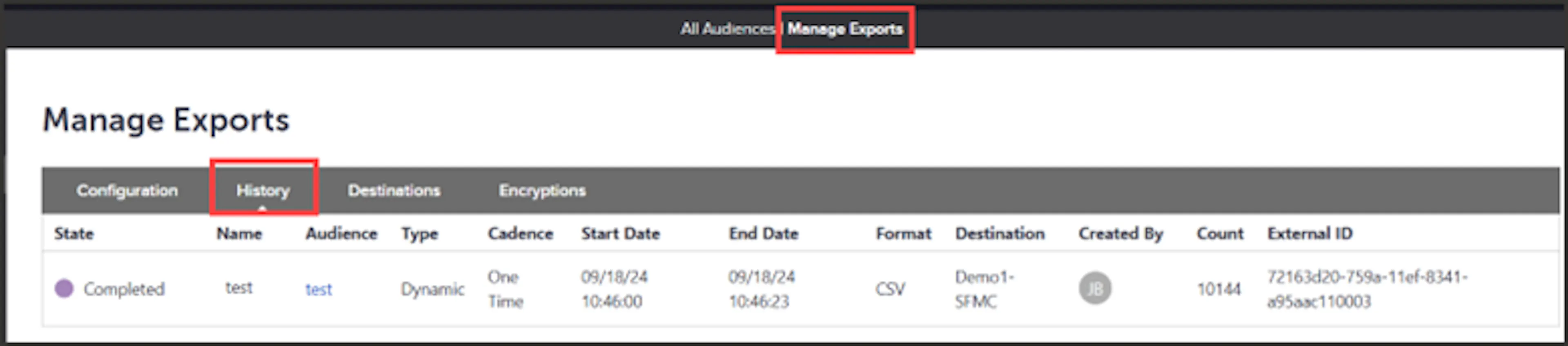 History tab on the Manage Exports page showing exports for all audiences