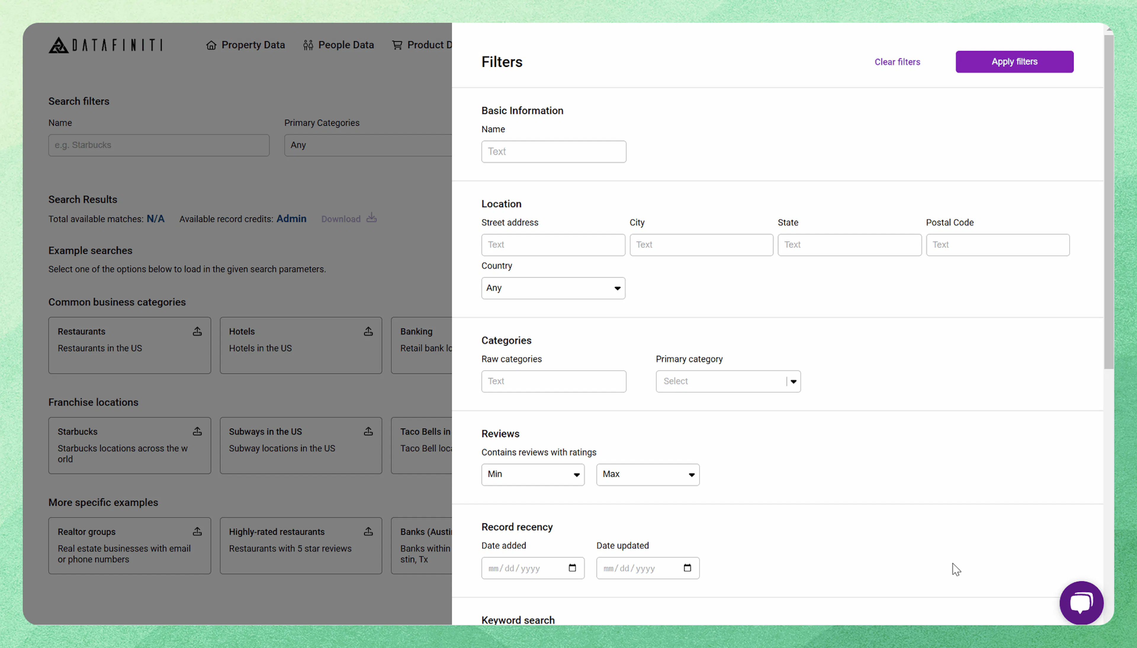 Adding filters in the business data filter builder