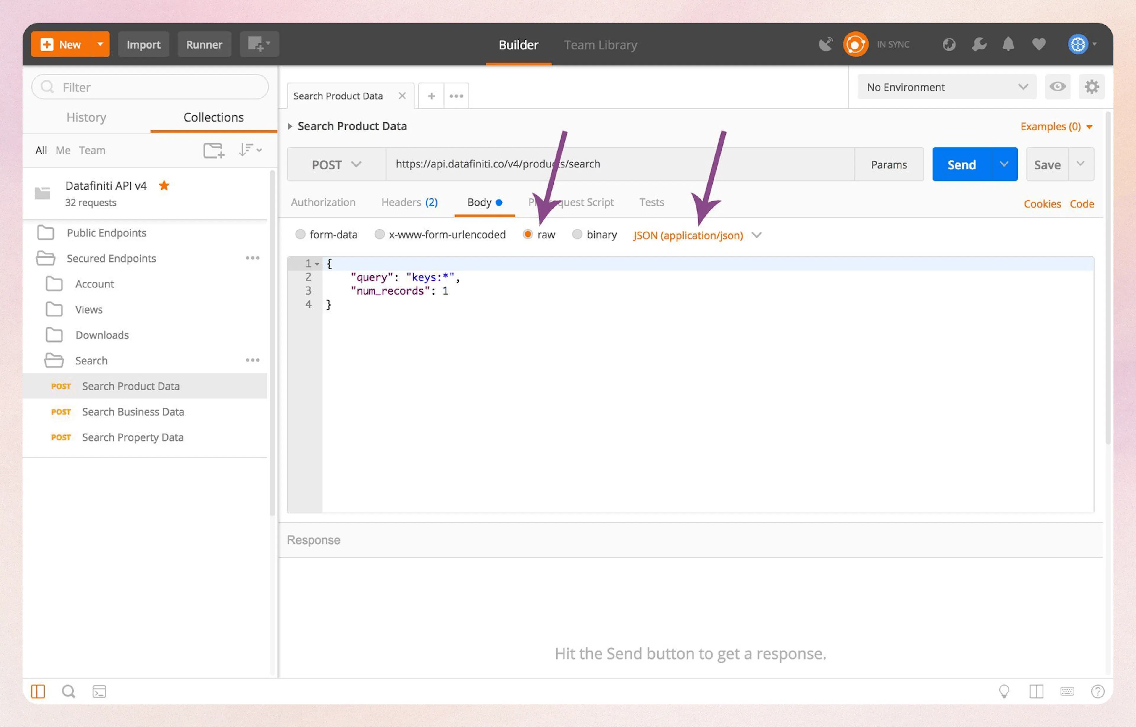 Click on the "Body" tab and make sure you have "Raw" selected and that your text is set to "JSON(application/JSON)".