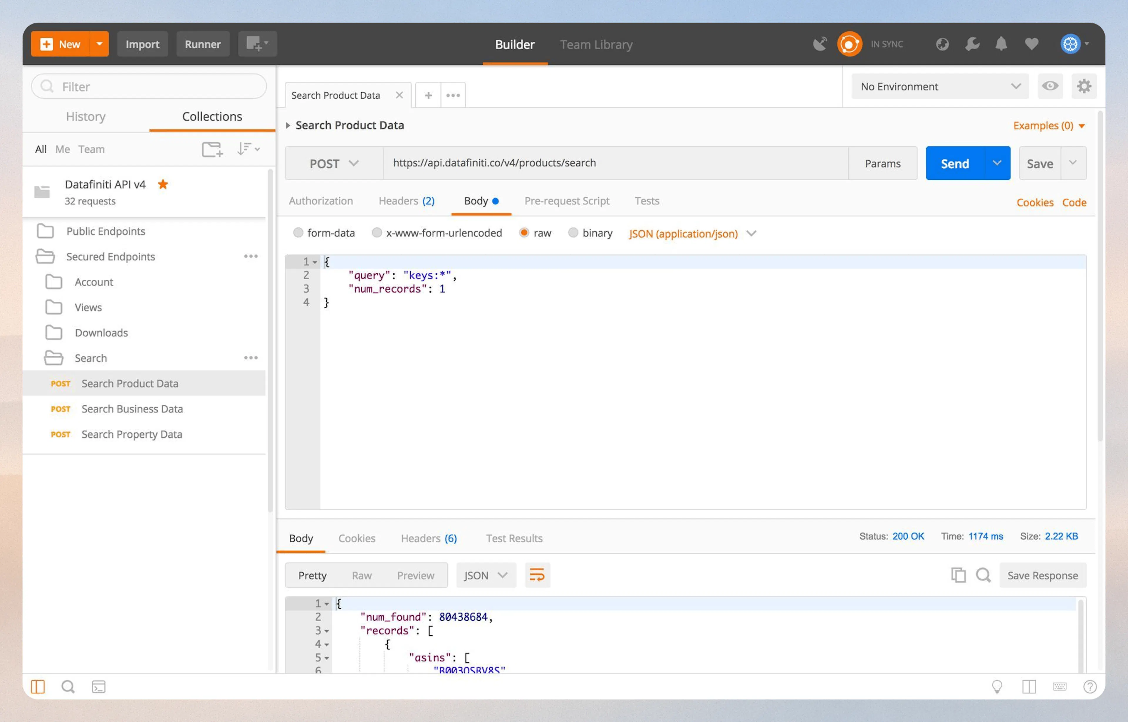 The "Body" window will have 2 fields in it already. Hitting "Send" will query the Product Database for all records with a key.