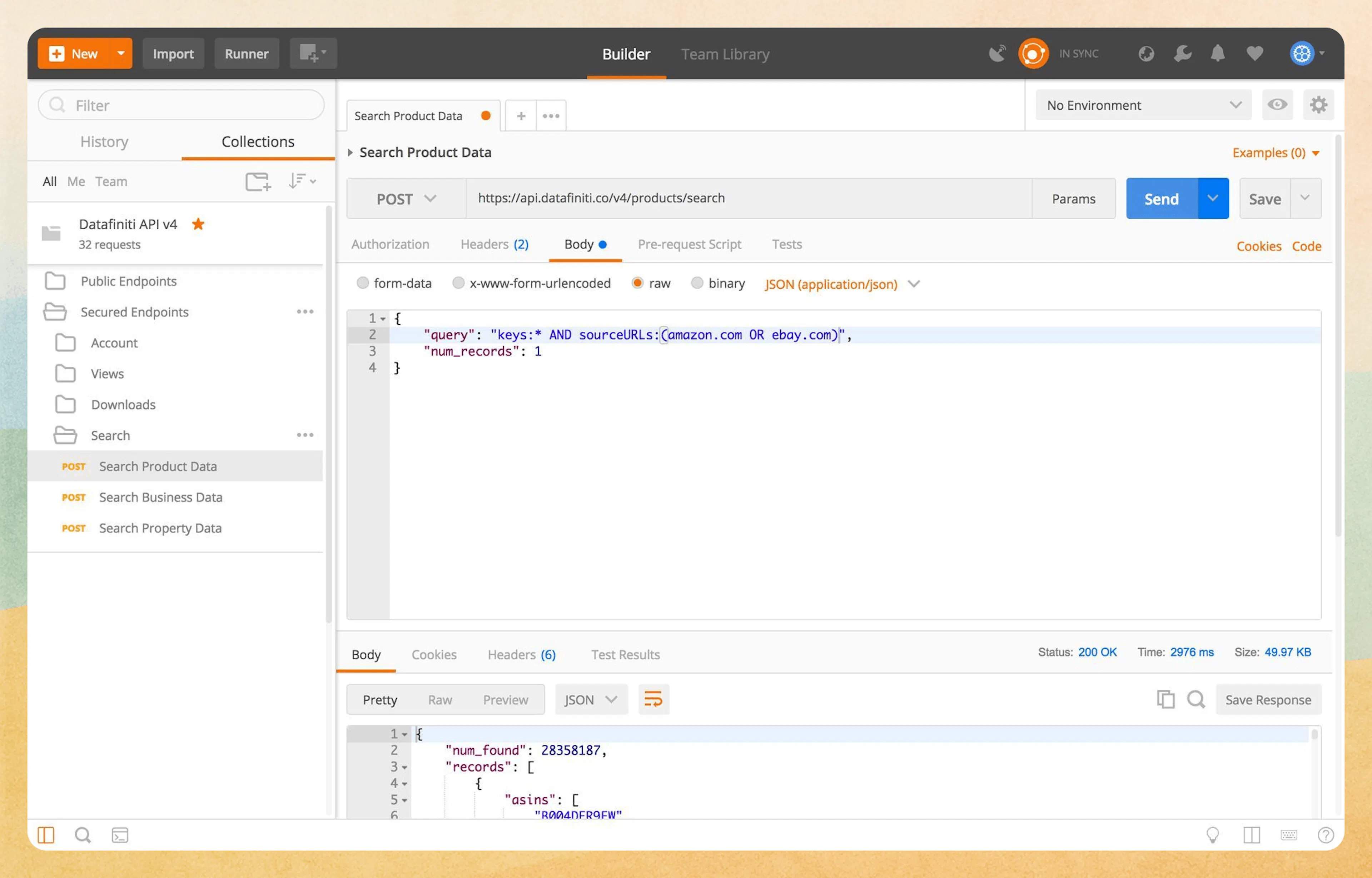 You can search with different fields together inside the query string using AND or OR. The ( ) tells the API to process both values--amazon.com and ebay.com--as the sourceURLs of the record. Because they are connected with OR, we will see records that have one or the other. Had we used AND, only records with both sourceURLs would be shown.