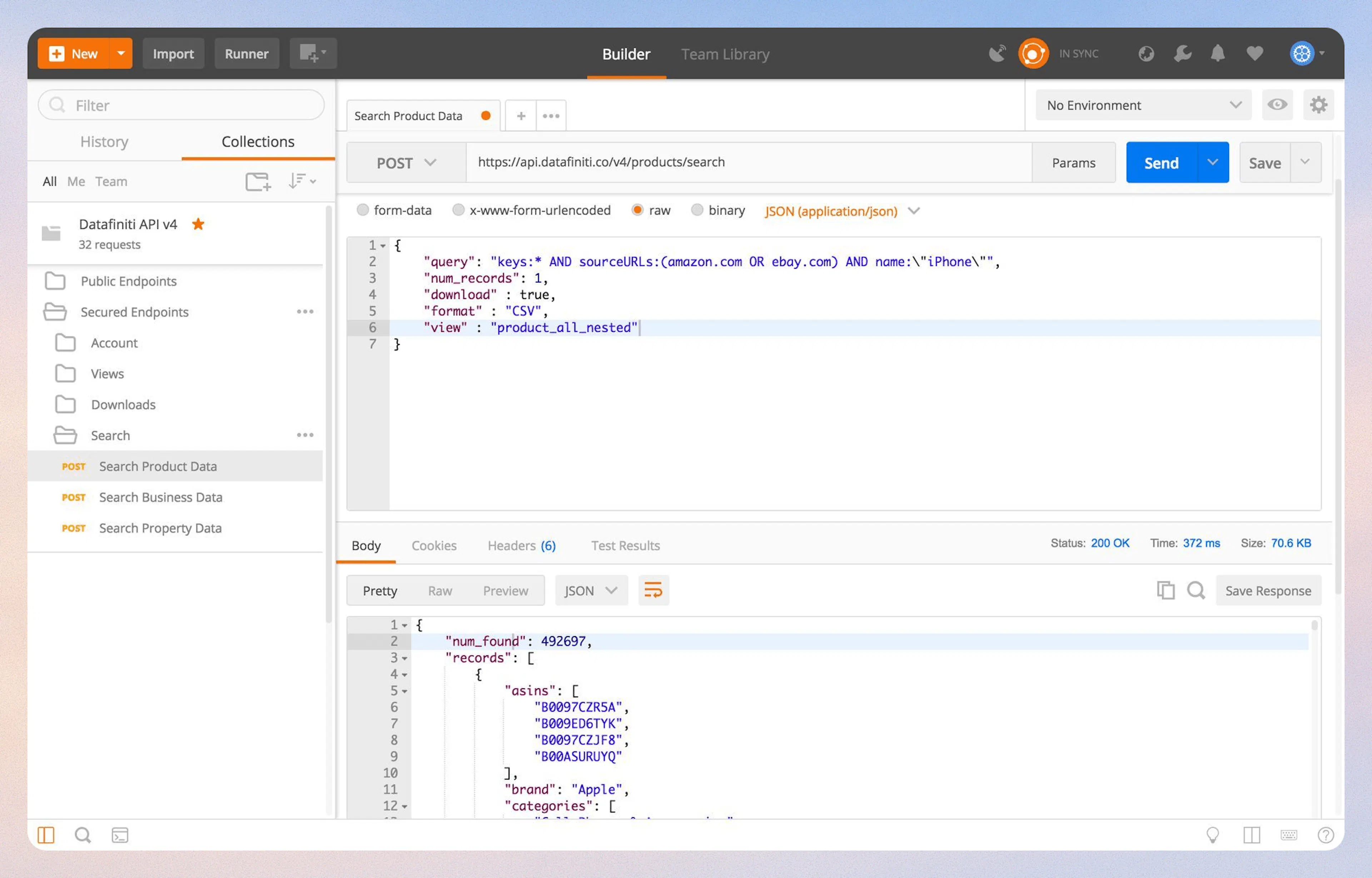 In addition to the "query" and "num_records", there are other values you can specify in the body text. You can set "download" to either be true or false, "format" to either be "CSV" or "JSON", and you can call any "view" you have saved to your account.
