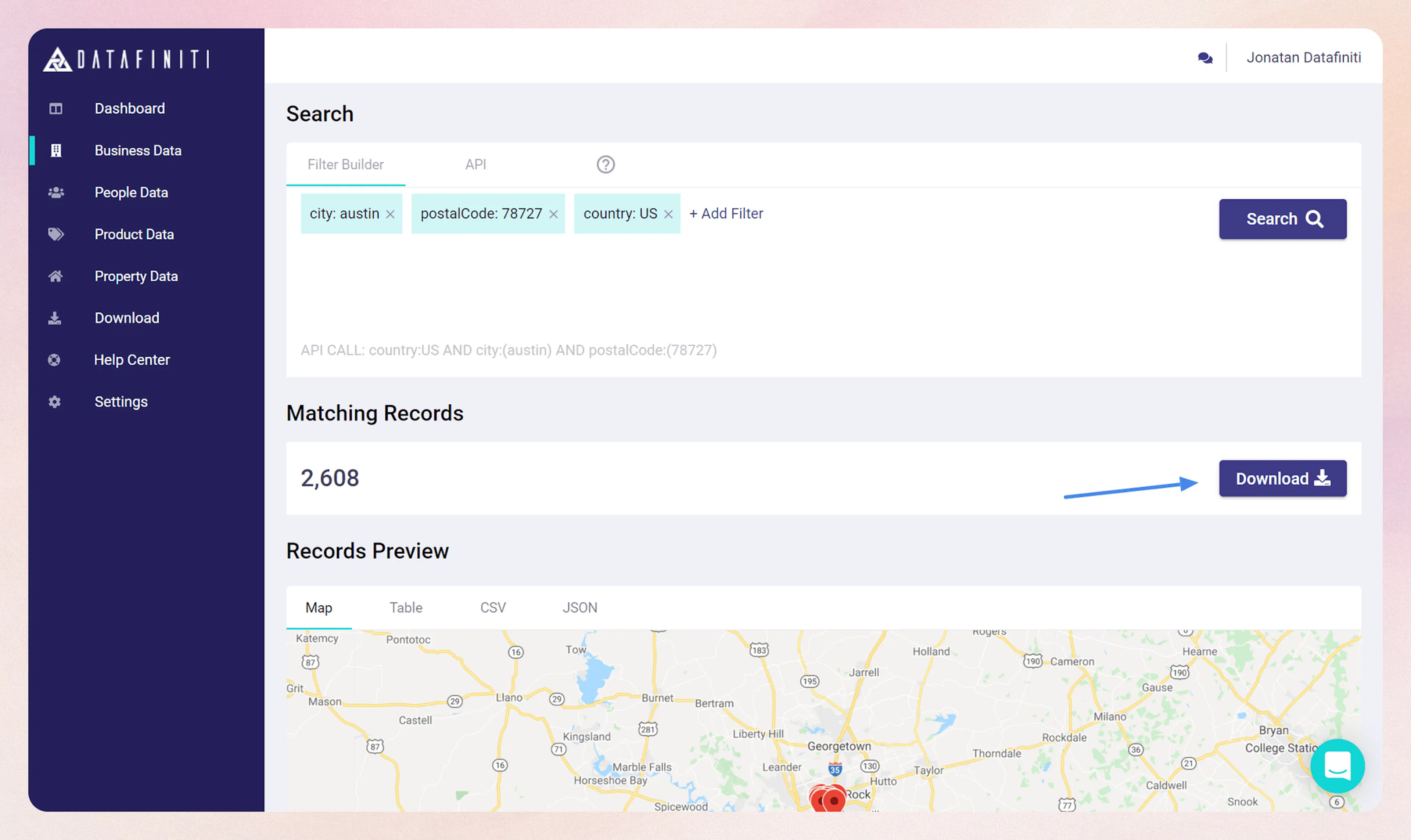 Download button in the Datafiniti Portal