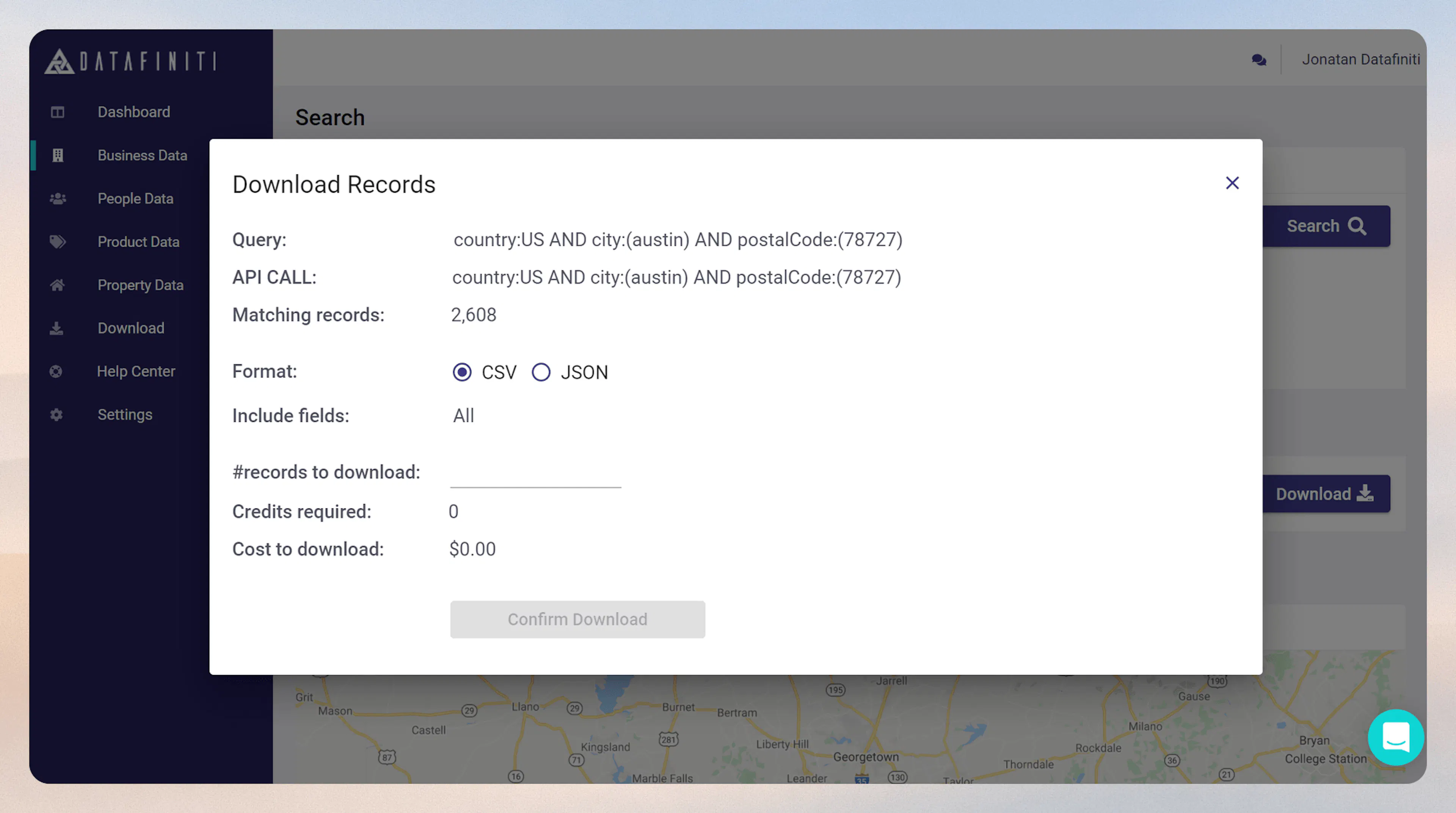 Download options dialog showing format, record count, and view selection