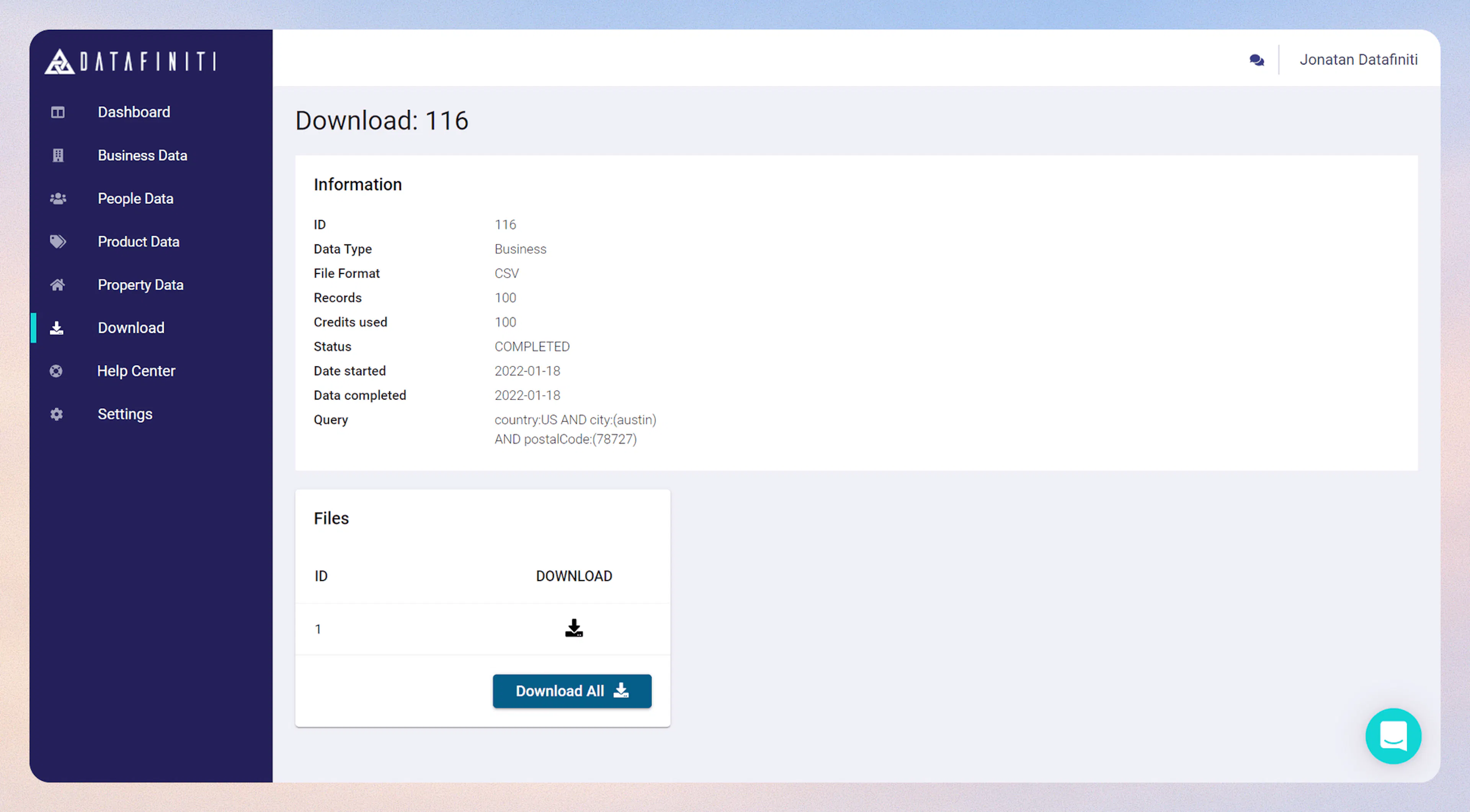 Downloaded results page with query details and credit usage
