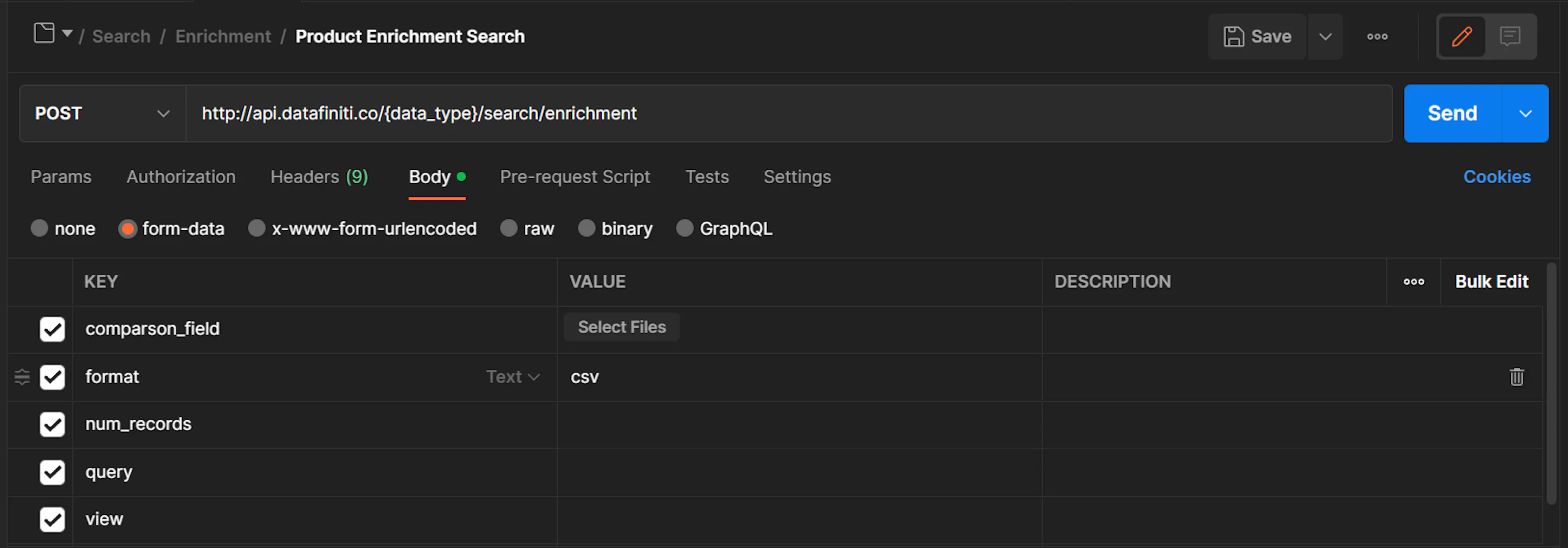 API basic setup showing multipart form data configuration