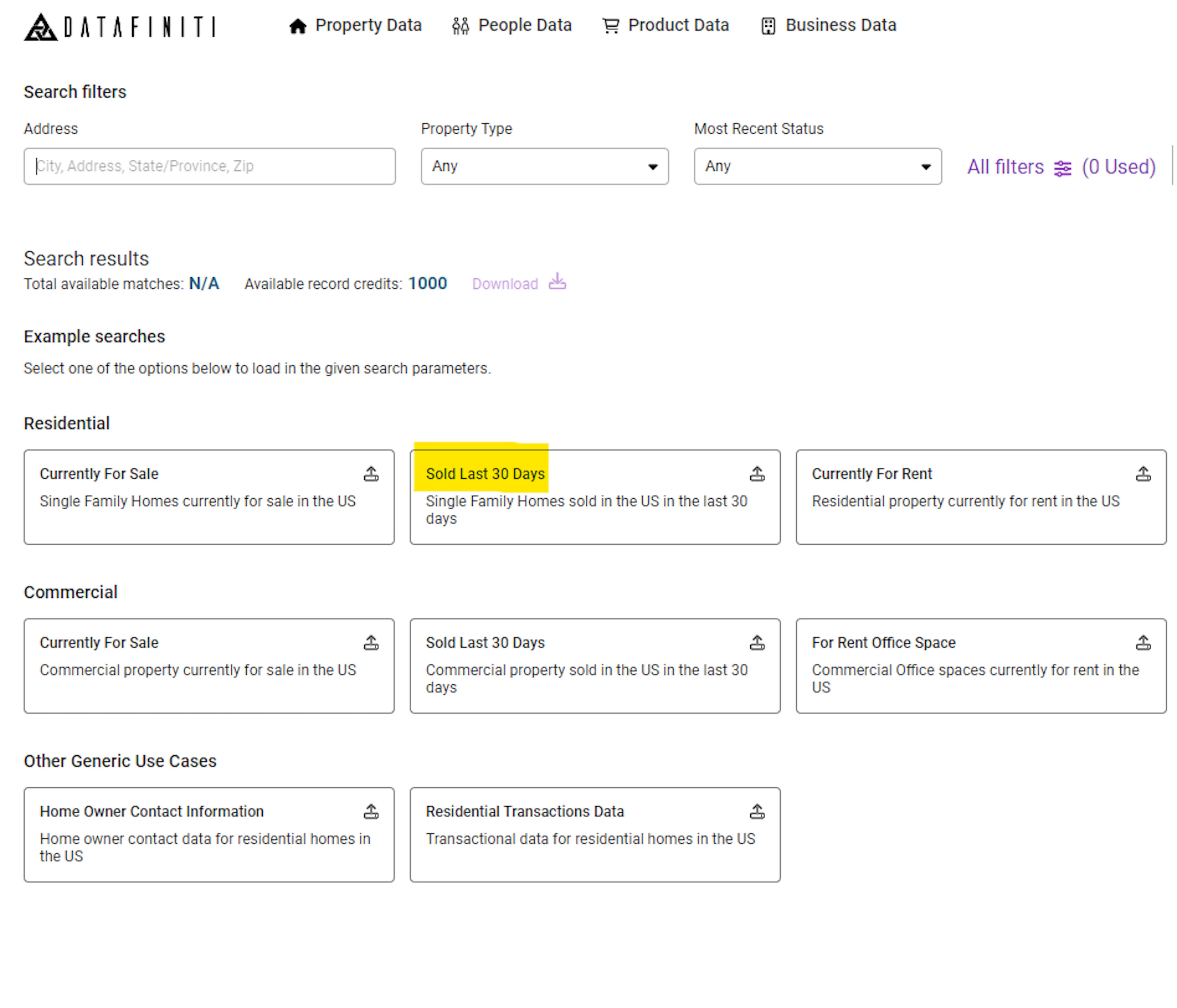 Screenshot showing starting from our quick example searches