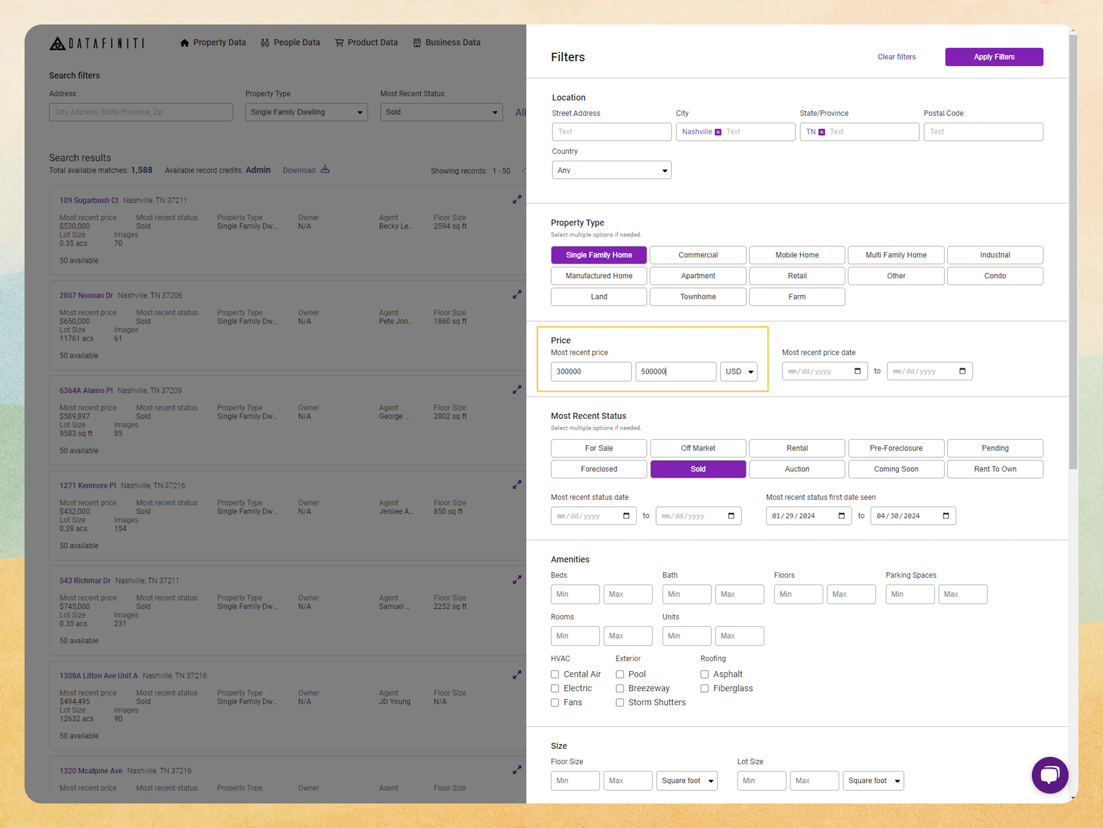 Screenshot showing filtering by most recent prices