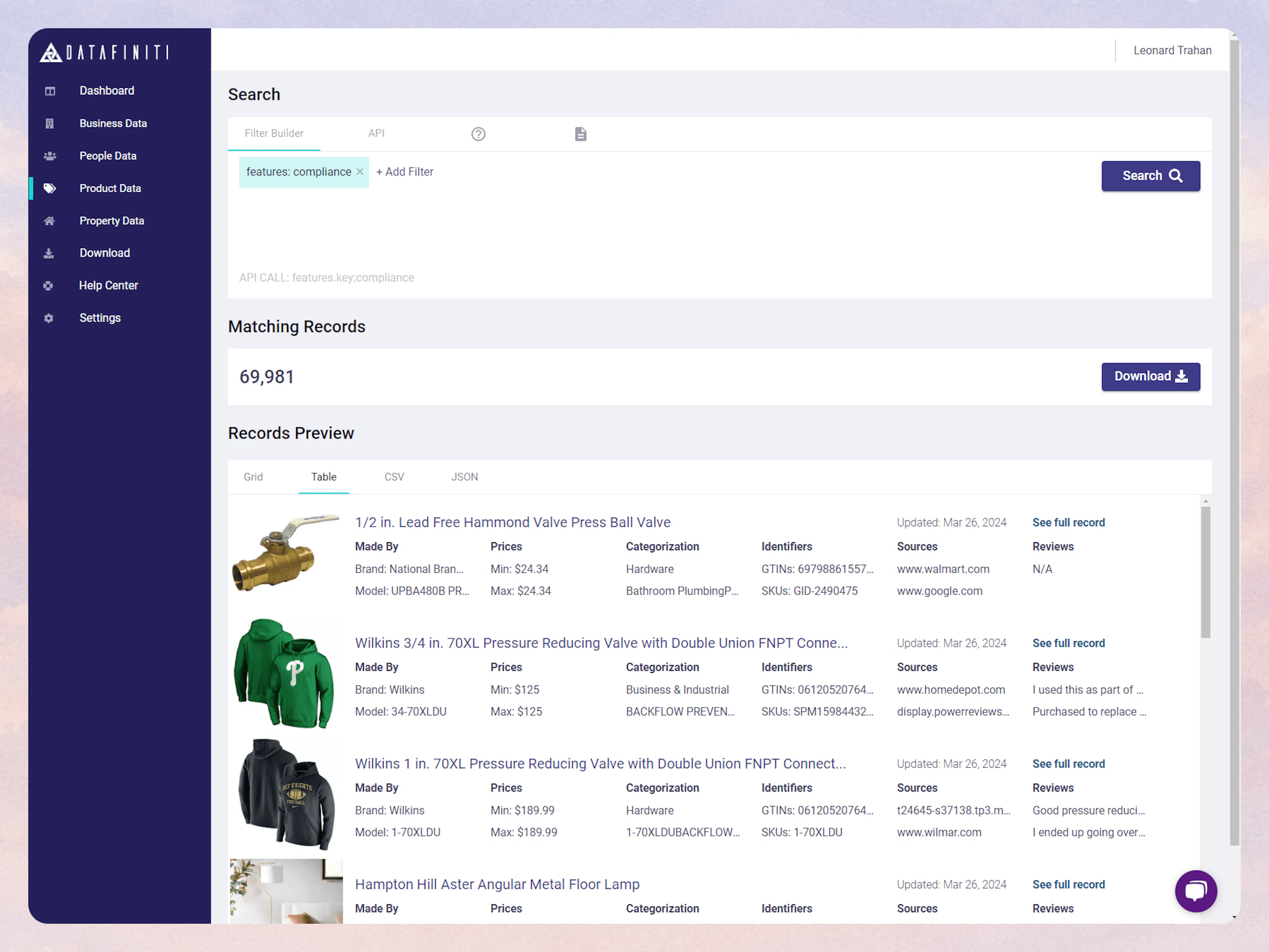 Screenshot showing viewing the products in table view