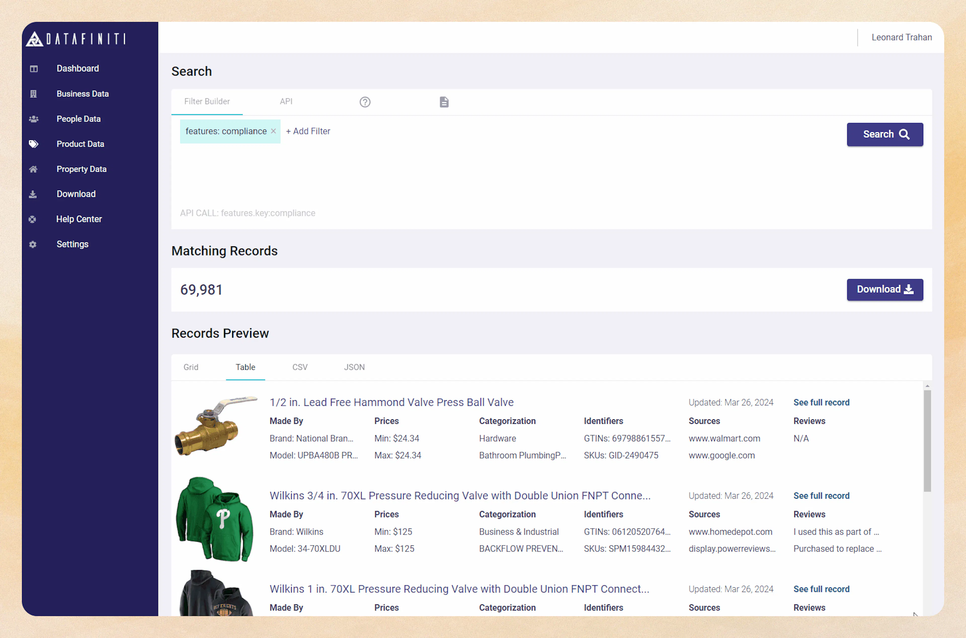 Screenshot showing viewing the products in table view