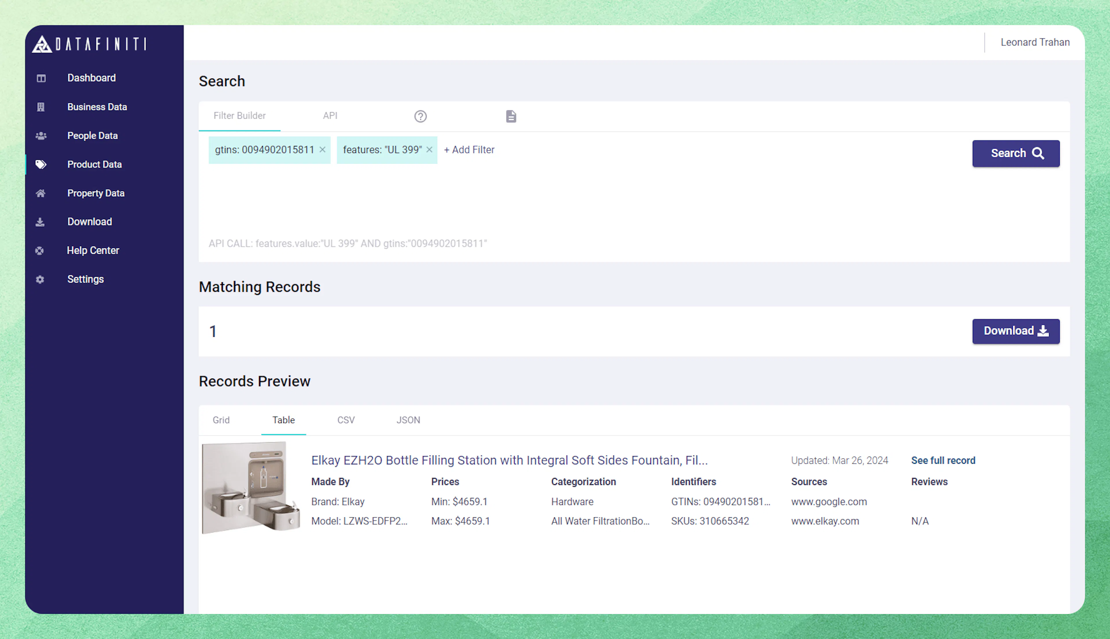 Screenshot showing finding a singular product with compliance populated