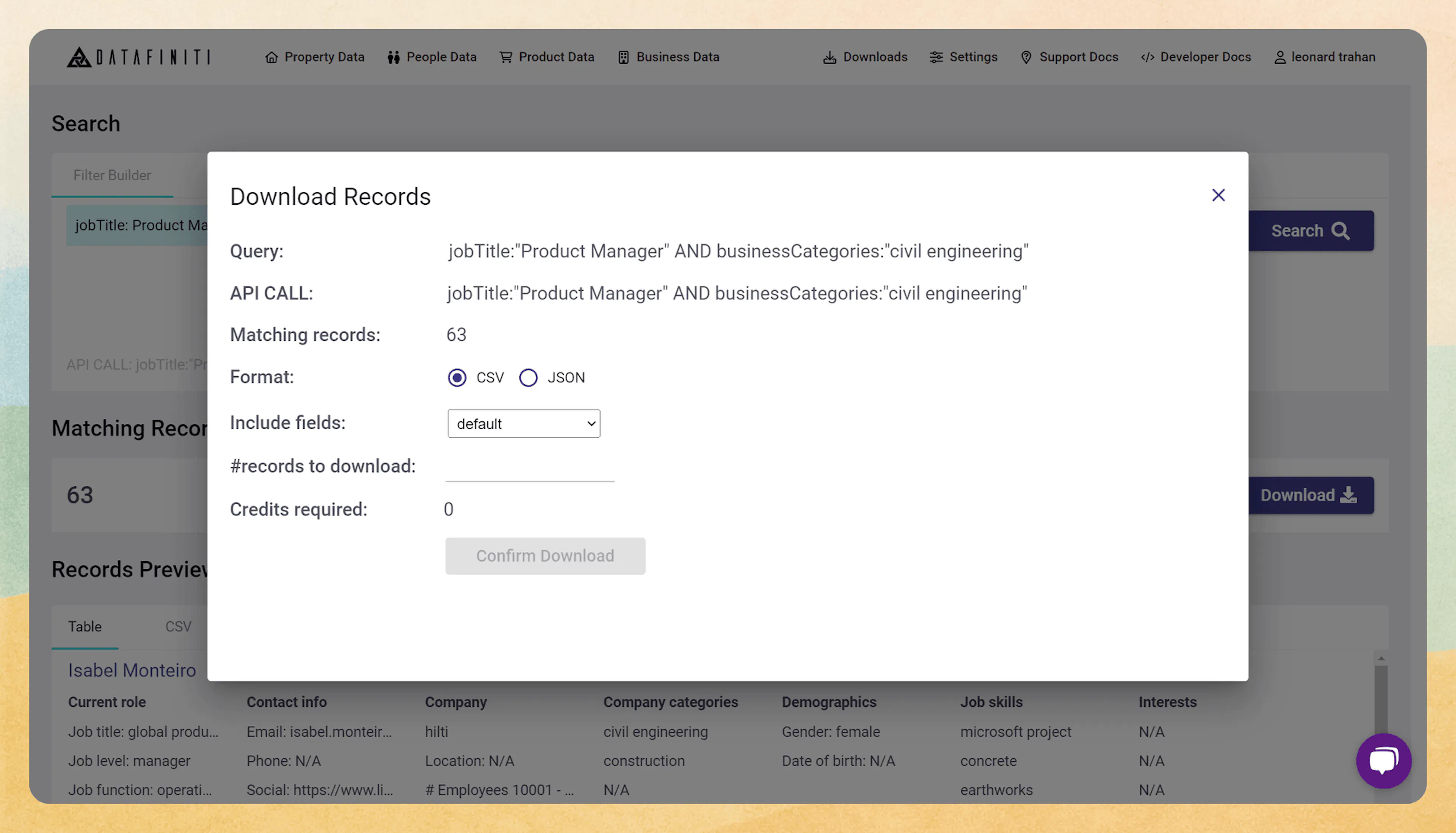 Screenshot showing downloading your lead list