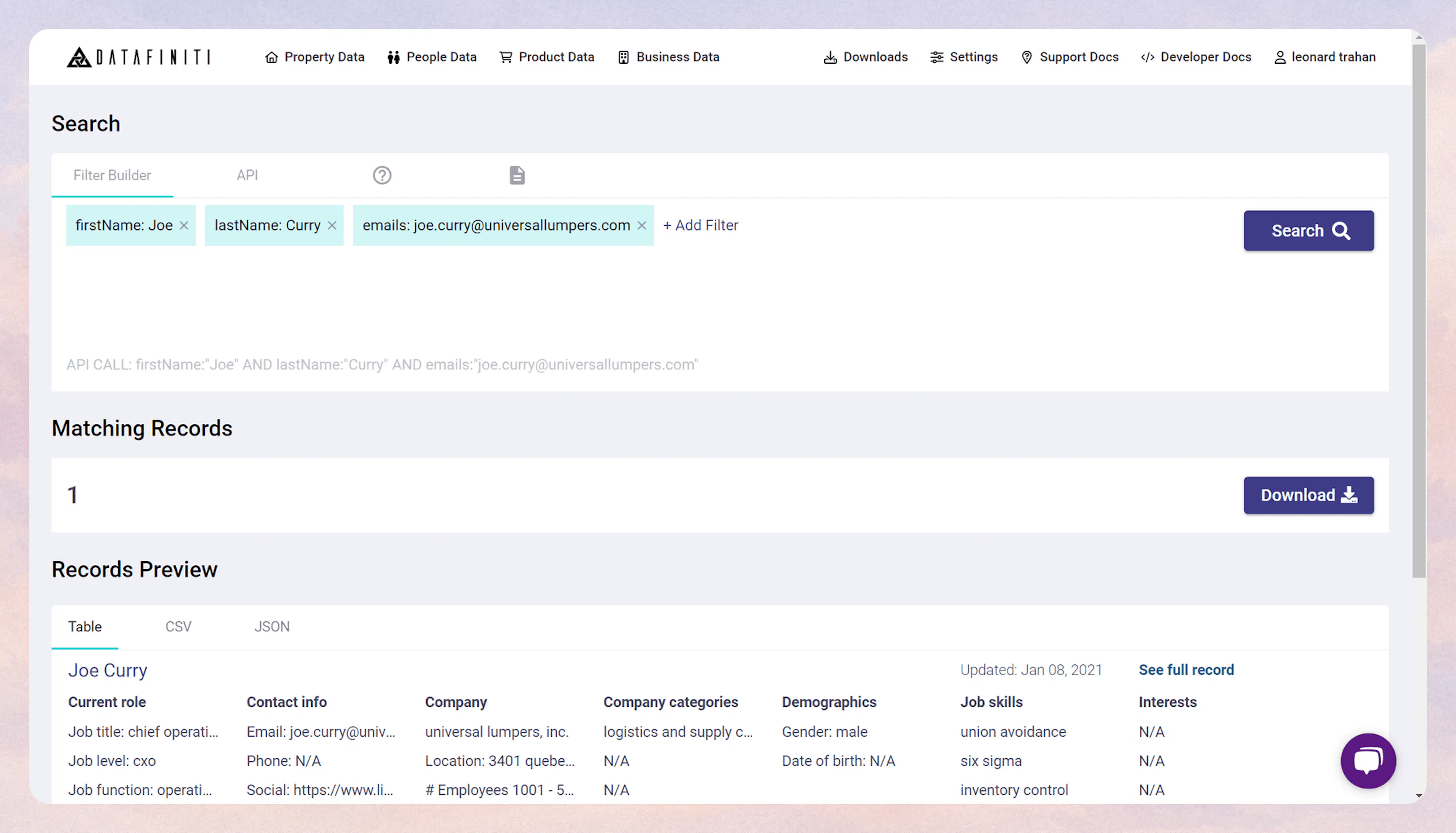 Screenshot showing searching against a known target list
