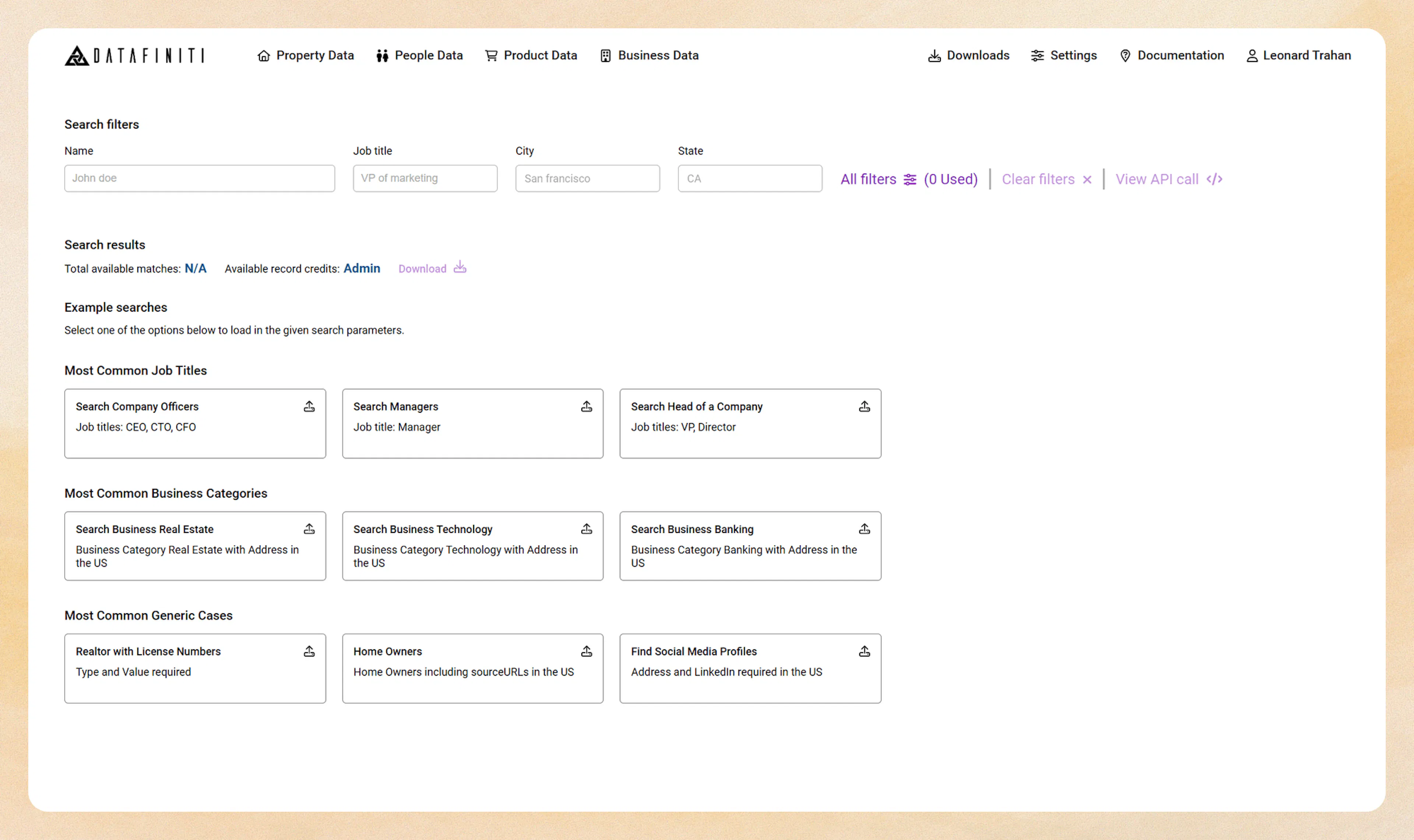 Datafiniti dashboard with People Data selected
