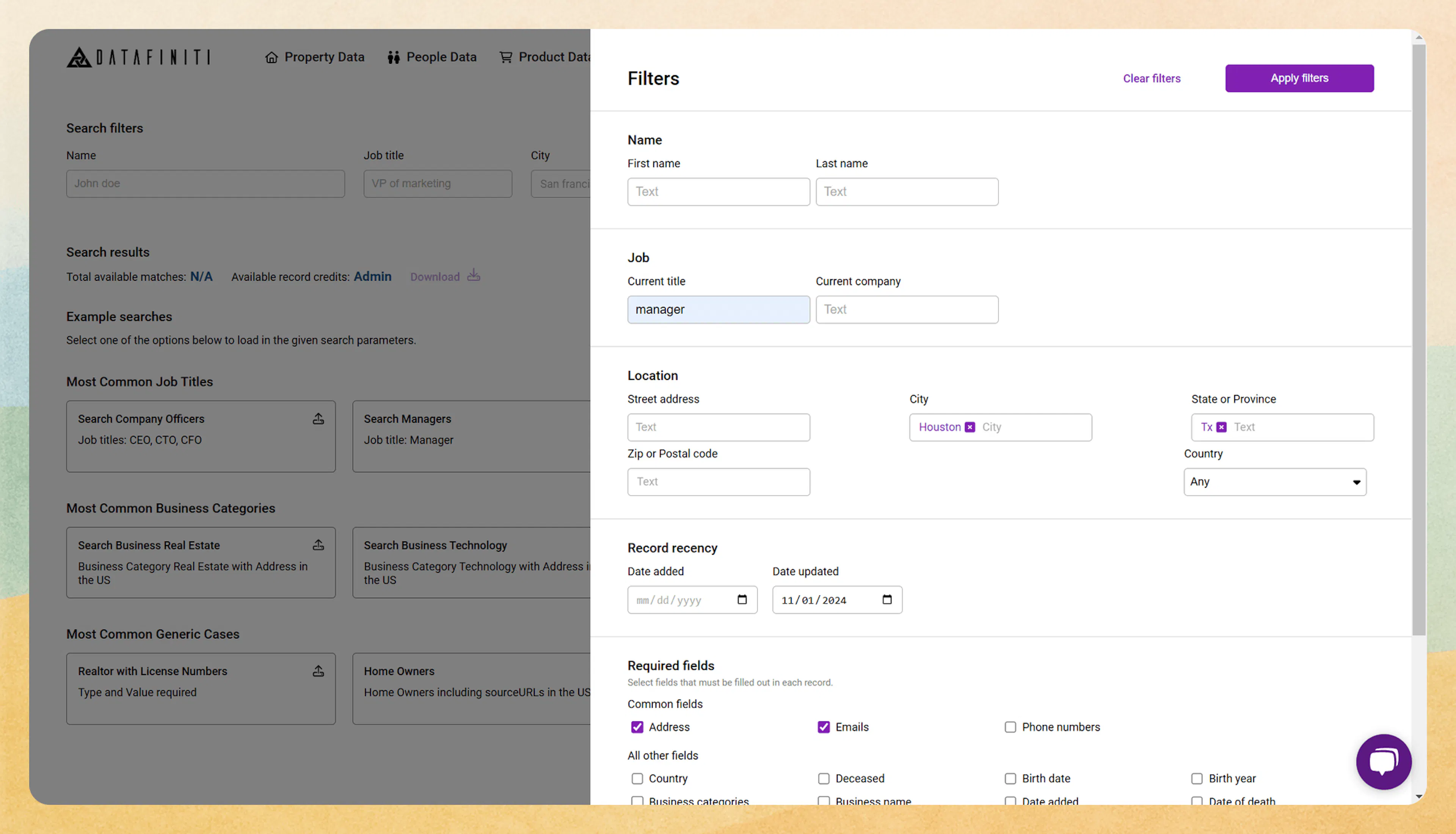 People data filter dropdown options