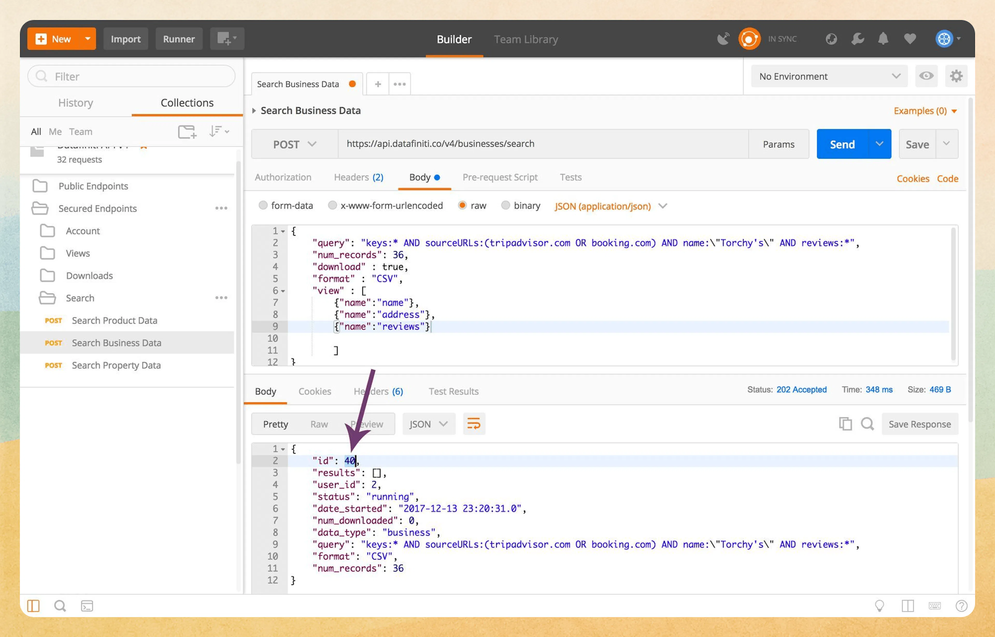 Postman response showing download ID after running a query