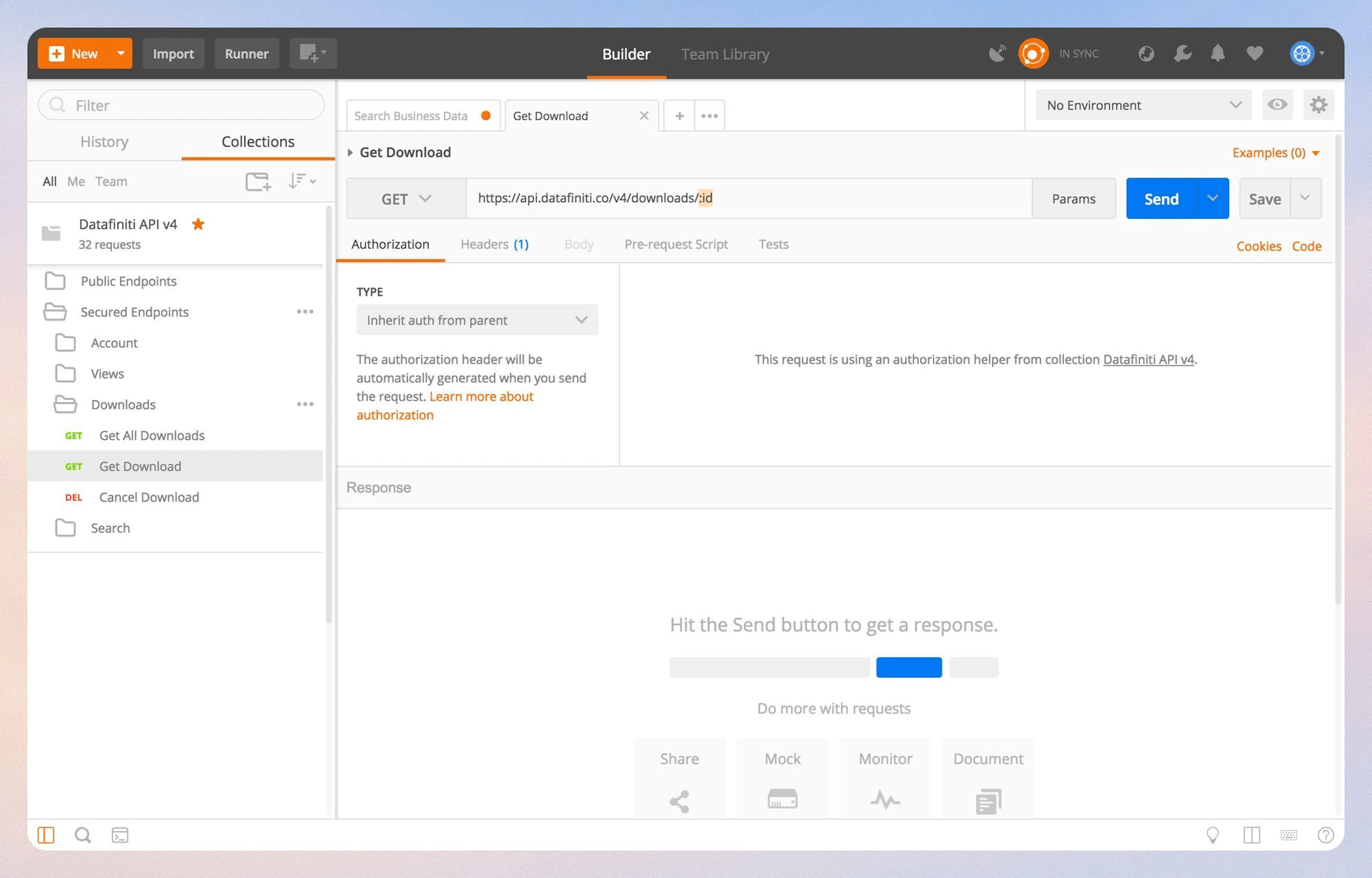 Replacing :id with download ID number in the request
