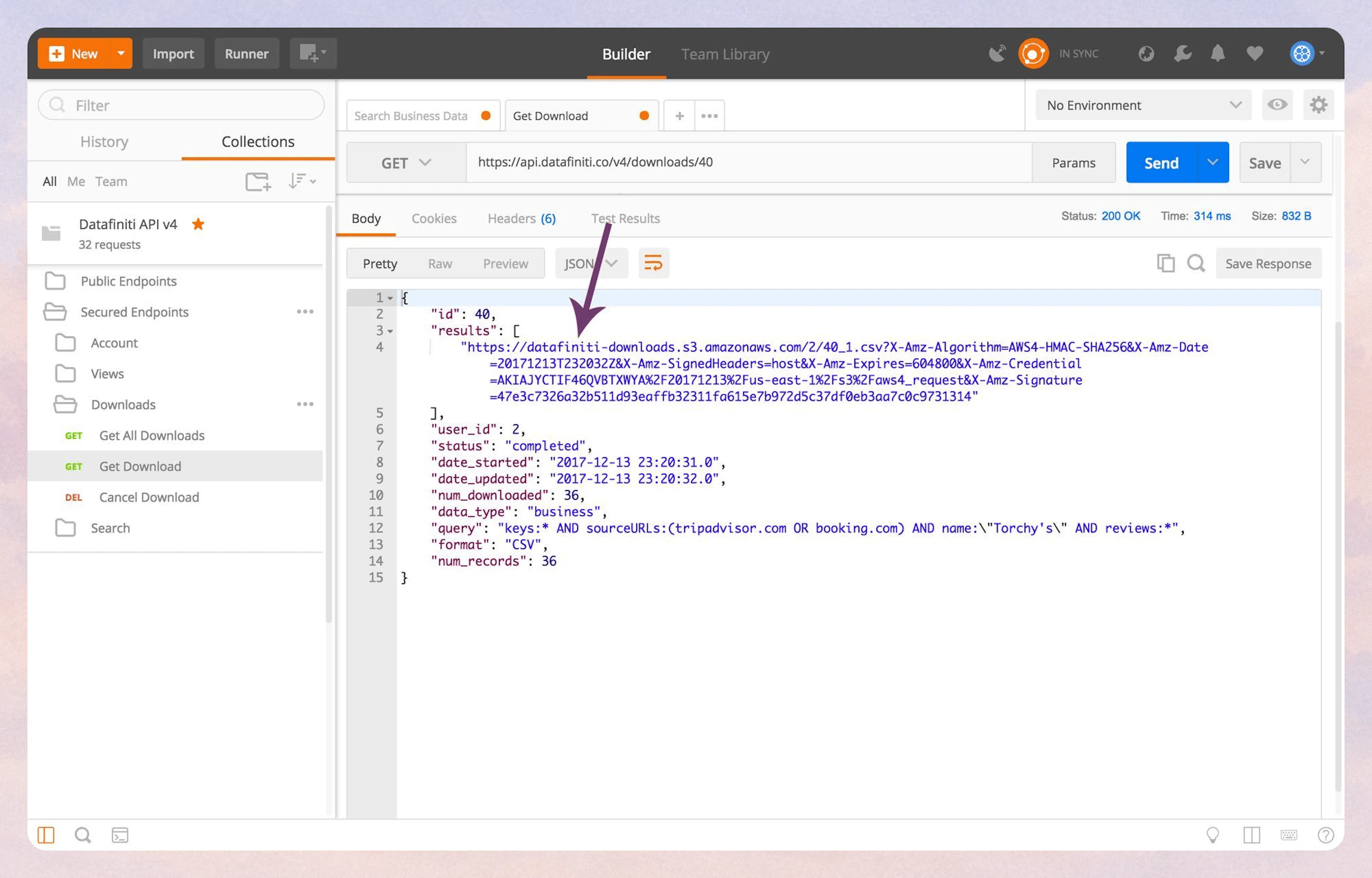 Response showing results URL to copy
