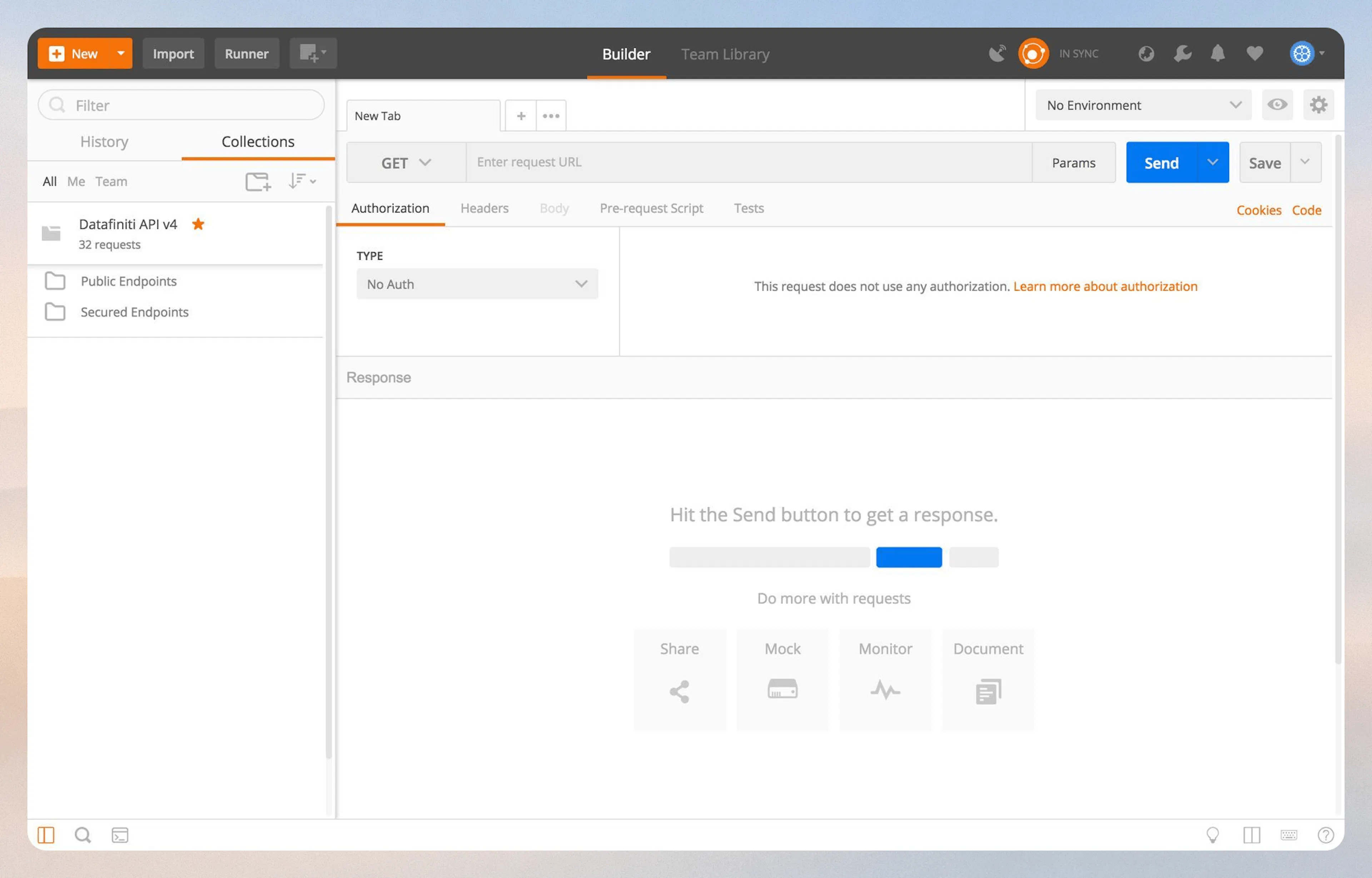 Datafiniti API v4 collection showing Public and Secured Endpoints subfolders
