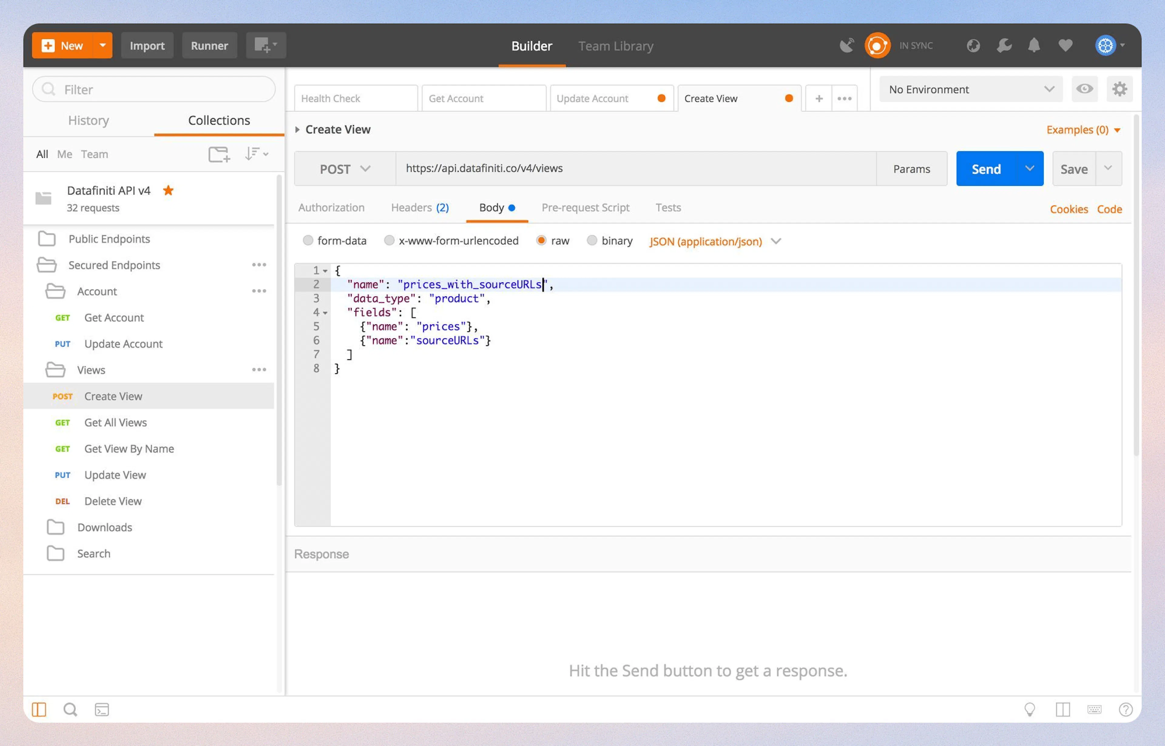 Create A View endpoint with name, data_type, and fields configuration